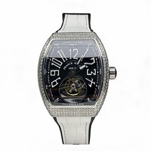 Franck Muller Diamond Set Tourbillon Watch, Black Dial Arabic Numeral White Gold Case Leather Strap