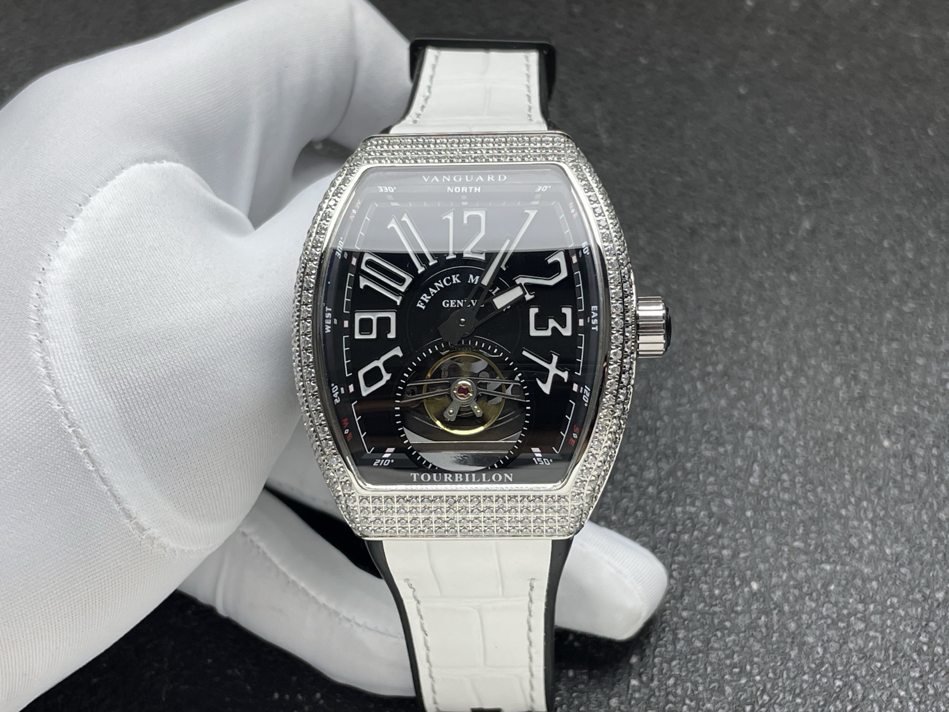 Franck Muller Diamond Set Tourbillon Watch, Black Dial Arabic Numeral White Gold Case Leather Strap