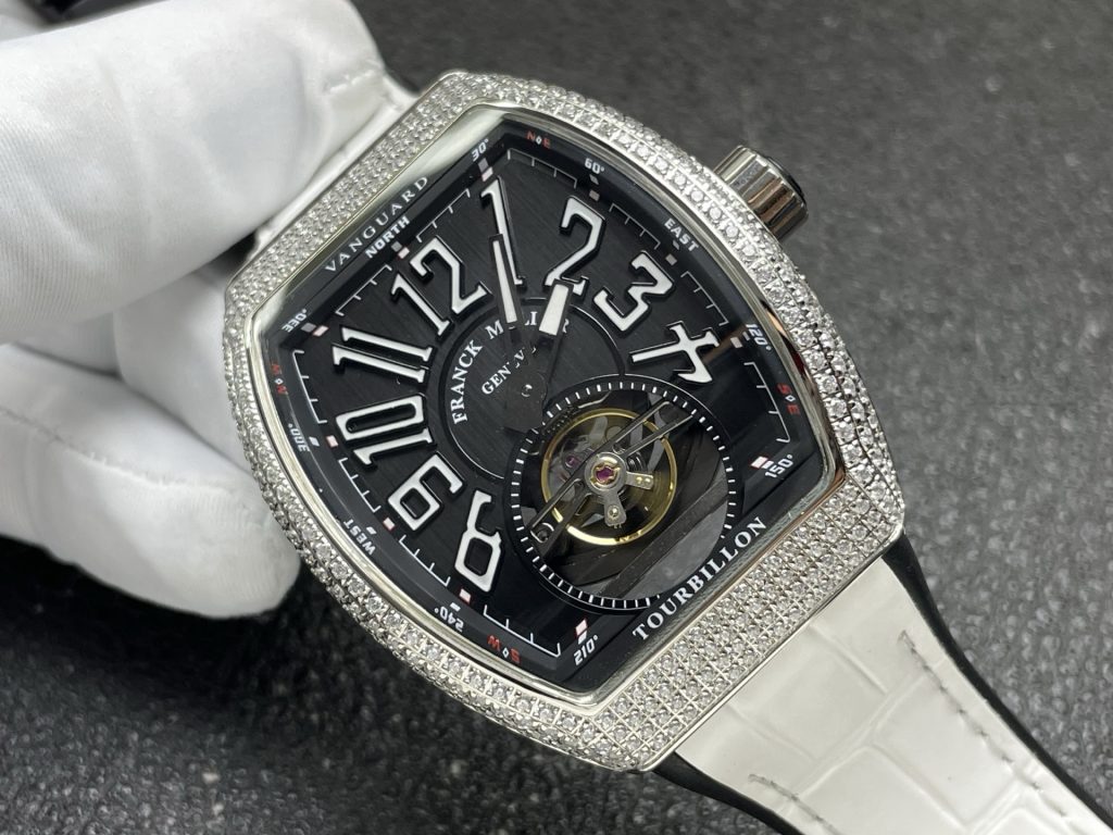 Franck Muller Diamond Set Tourbillon Watch, Black Dial Arabic Numeral White Gold Case Leather Strap