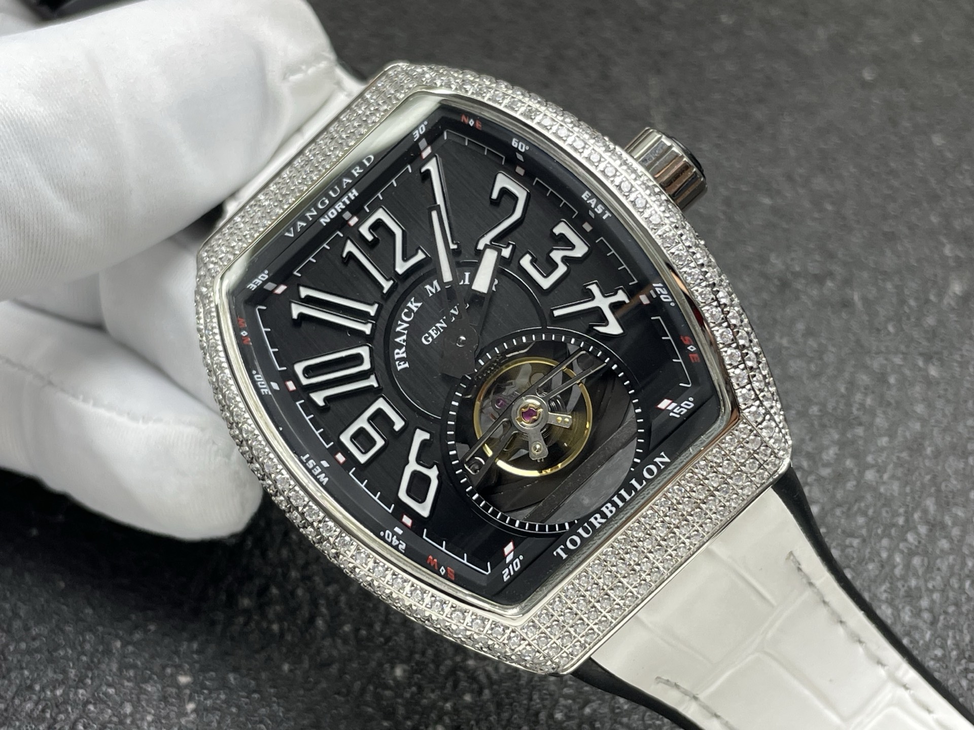Franck Muller Diamond Set Tourbillon Watch, Black Dial Arabic Numeral White Gold Case Leather Strap