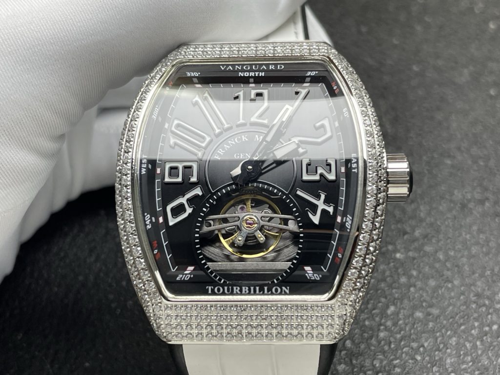 Franck Muller Diamond Set Tourbillon Watch, Black Dial Arabic Numeral White Gold Case Leather Strap