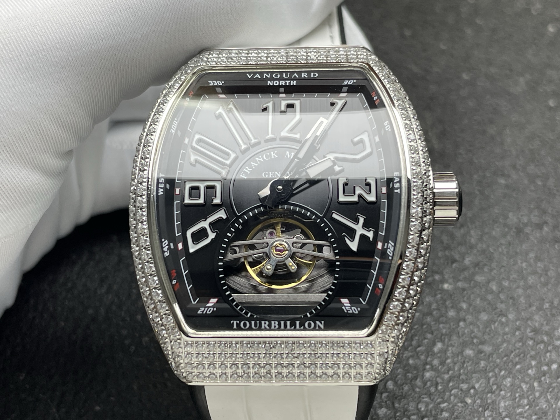 Franck Muller Diamond Set Tourbillon Watch, Black Dial Arabic Numeral White Gold Case Leather Strap