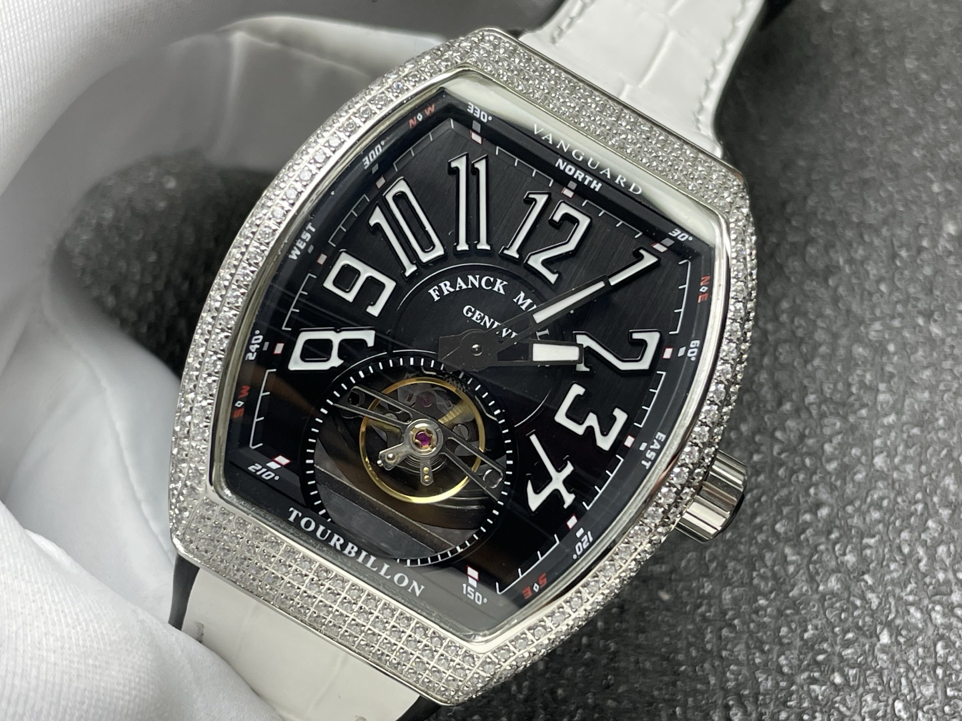 Franck Muller Diamond Set Tourbillon Watch, Black Dial Arabic Numeral White Gold Case Leather Strap