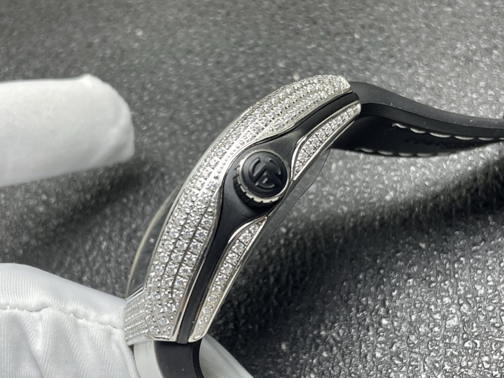 Franck Muller Diamond Set Tourbillon Watch, Black Dial Arabic Numeral White Gold Case Leather Strap
