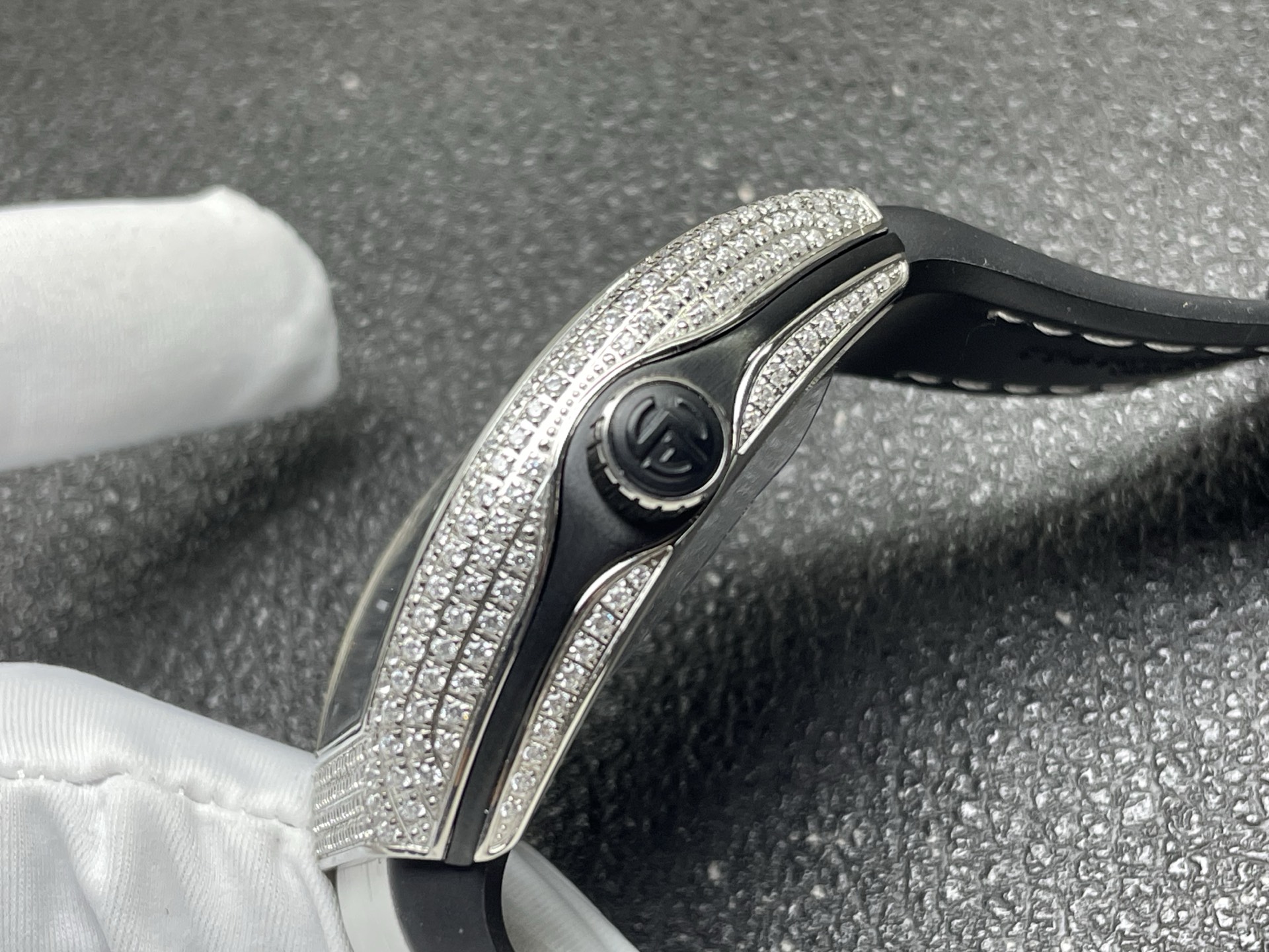 Franck Muller Diamond Set Tourbillon Watch, Black Dial Arabic Numeral White Gold Case Leather Strap
