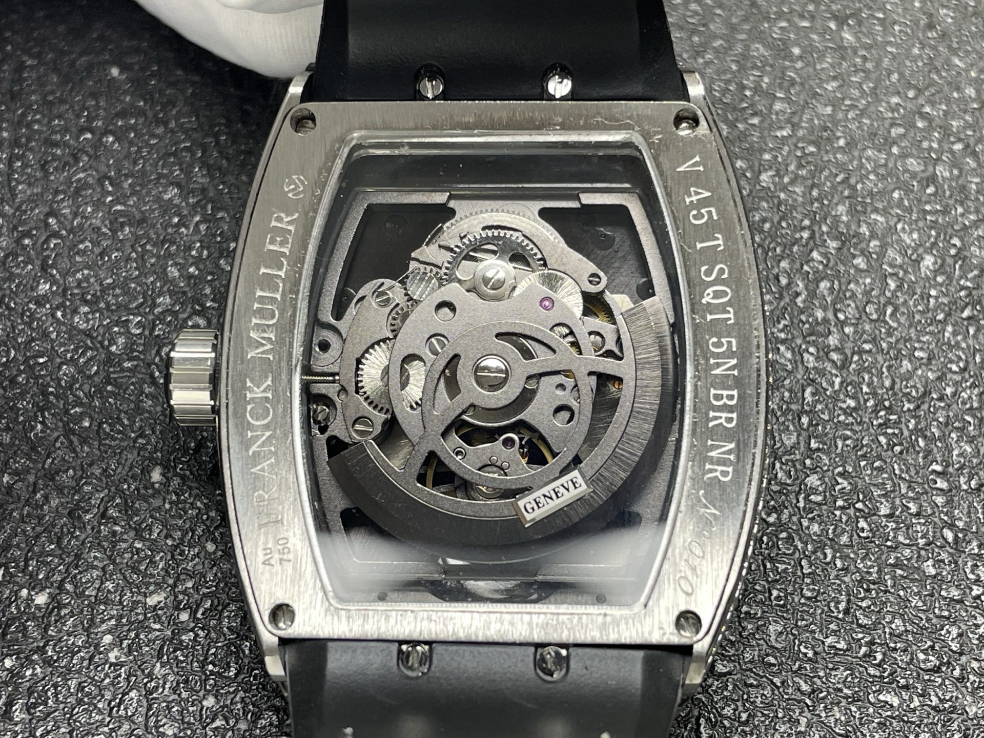 Franck Muller Diamond Set Tourbillon Watch, Black Dial Arabic Numeral White Gold Case Leather Strap