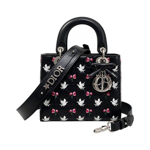 Dior Lady in Black Cannage Lambskin with White Birds Pink Flowers Embroidery and Magnetic
