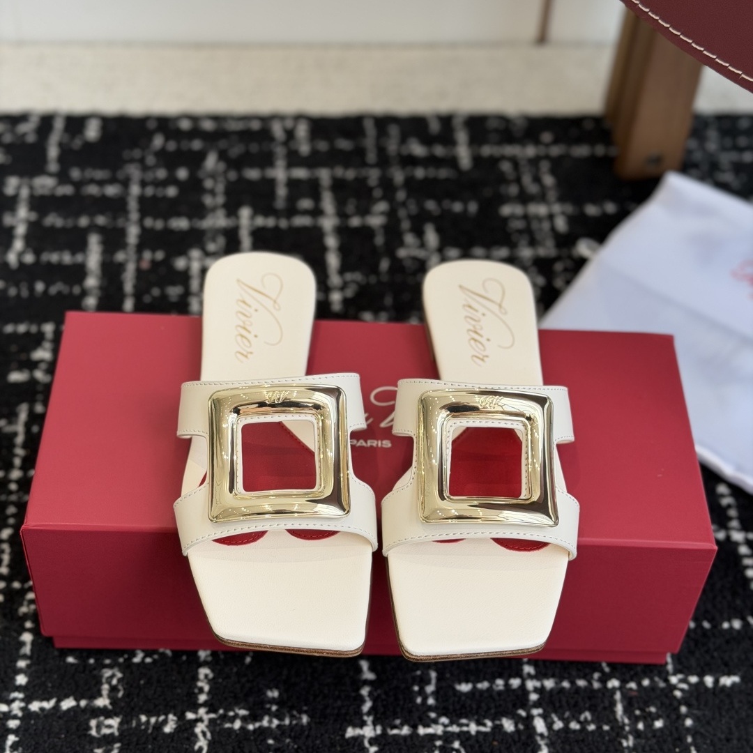 ROGER VIVIER Flat Slide Sandals in Genuine Calfskin with Lambskin Lining and Italian Leather Sole