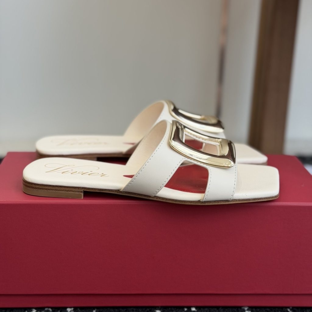 ROGER VIVIER Flat Slide Sandals in Genuine Calfskin with Lambskin Lining and Italian Leather Sole