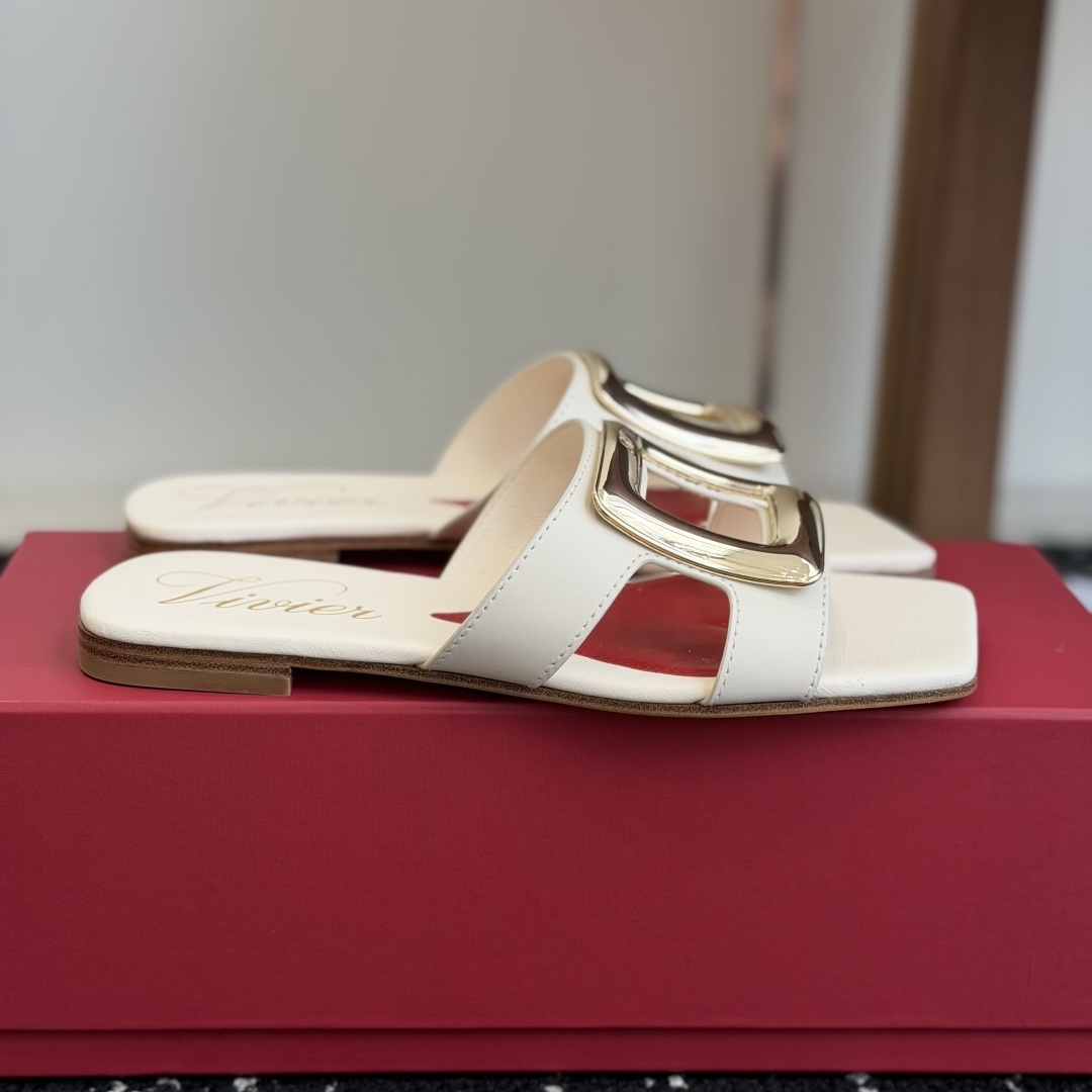 ROGER VIVIER Flat Slide Sandals in Genuine Calfskin with Lambskin Lining and Italian Leather Sole