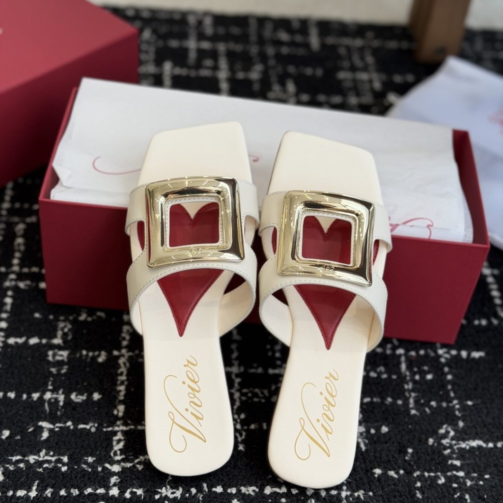 ROGER VIVIER Flat Slide Sandals in Genuine Calfskin with Lambskin Lining and Italian Leather Sole