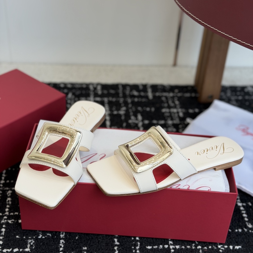 ROGER VIVIER Flat Slide Sandals in Genuine Calfskin with Lambskin Lining and Italian Leather Sole