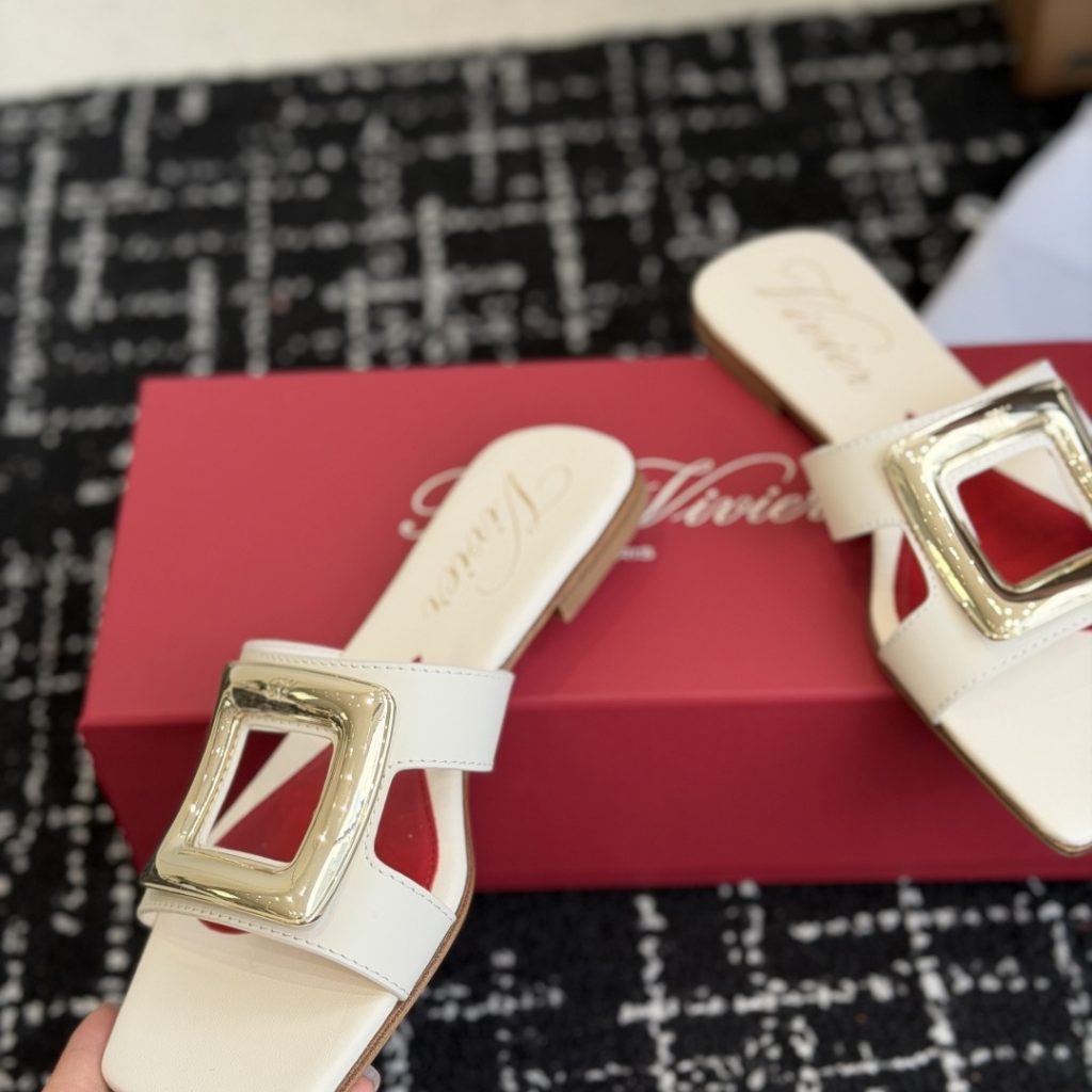 ROGER VIVIER Flat Slide Sandals in Genuine Calfskin with Lambskin Lining and Italian Leather Sole