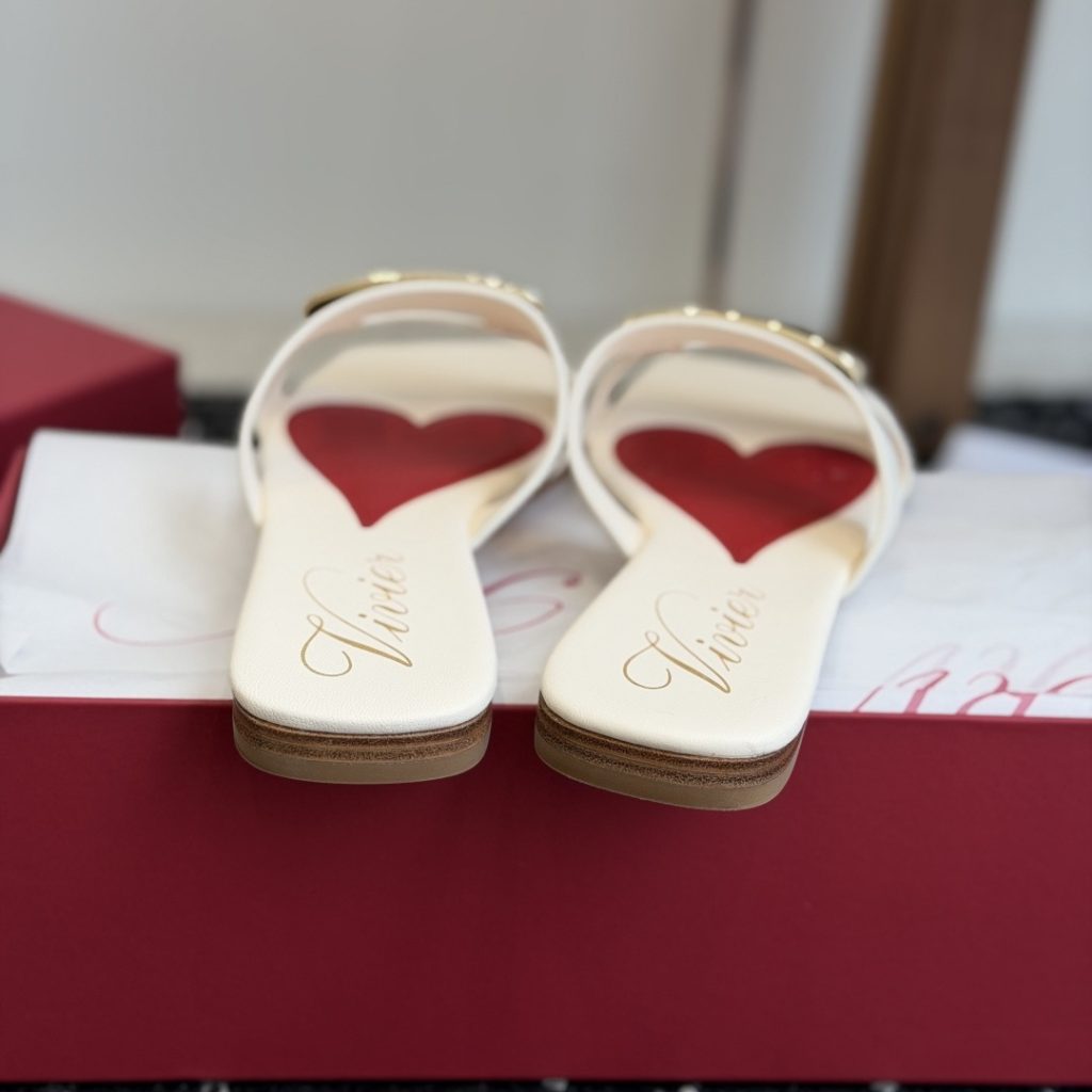 ROGER VIVIER Flat Slide Sandals in Genuine Calfskin with Lambskin Lining and Italian Leather Sole