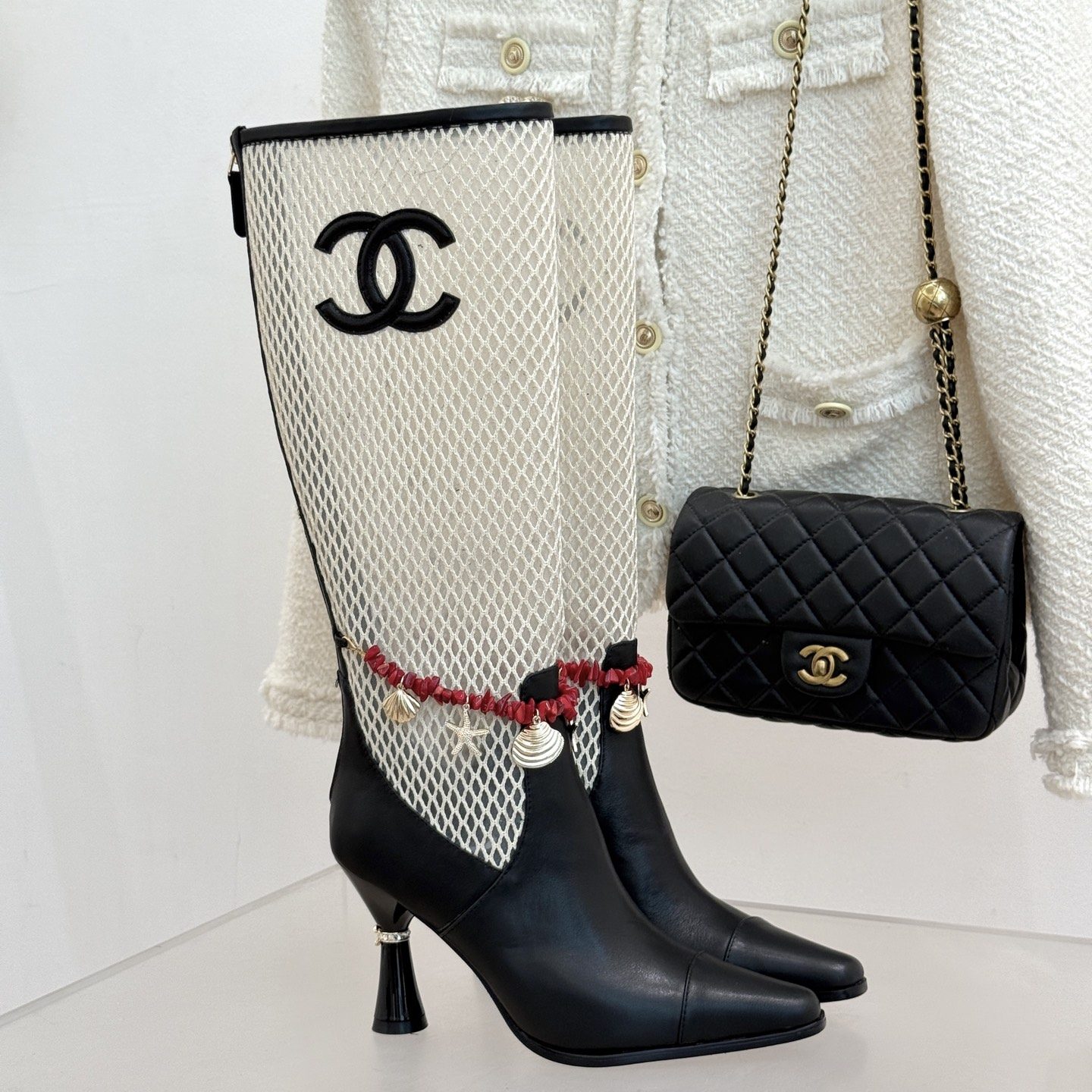 CHANEL Double C Openwork Chain High Heel Boots, Lambskin with Side Zipper and Italian Leather Sole