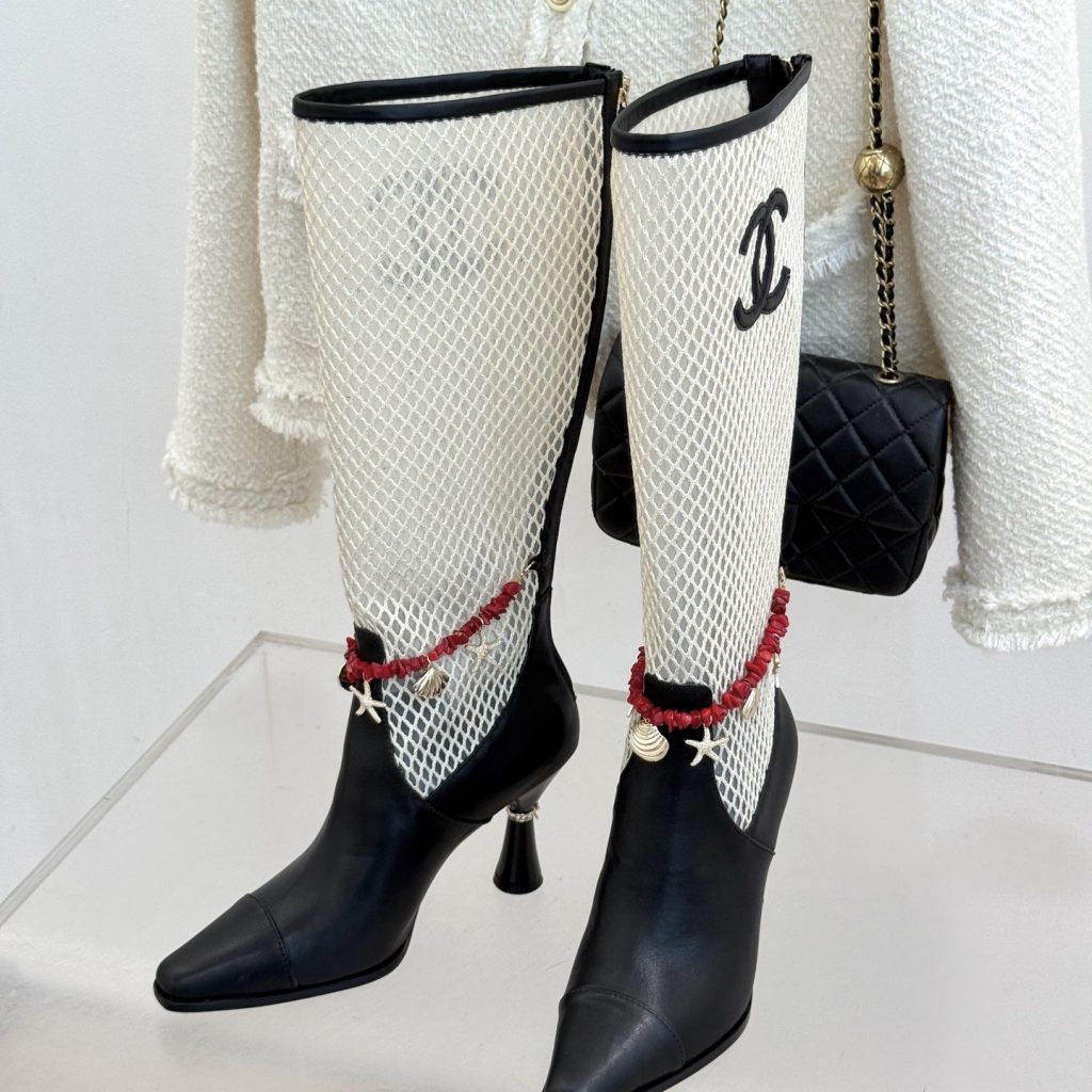 CHANEL Double C Openwork Chain High Heel Boots, Lambskin with Side Zipper and Italian Leather Sole