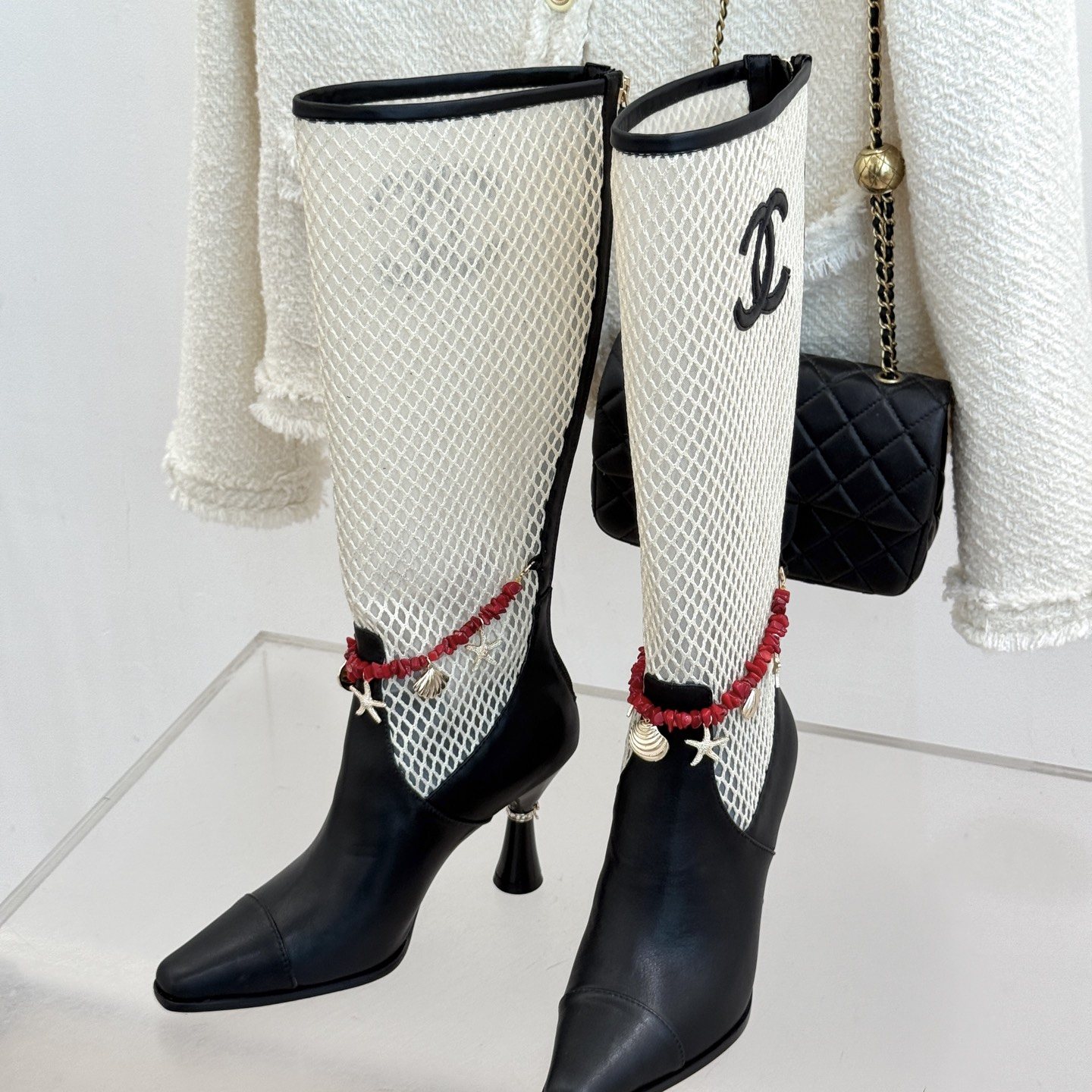 CHANEL Double C Openwork Chain High Heel Boots, Lambskin with Side Zipper and Italian Leather Sole