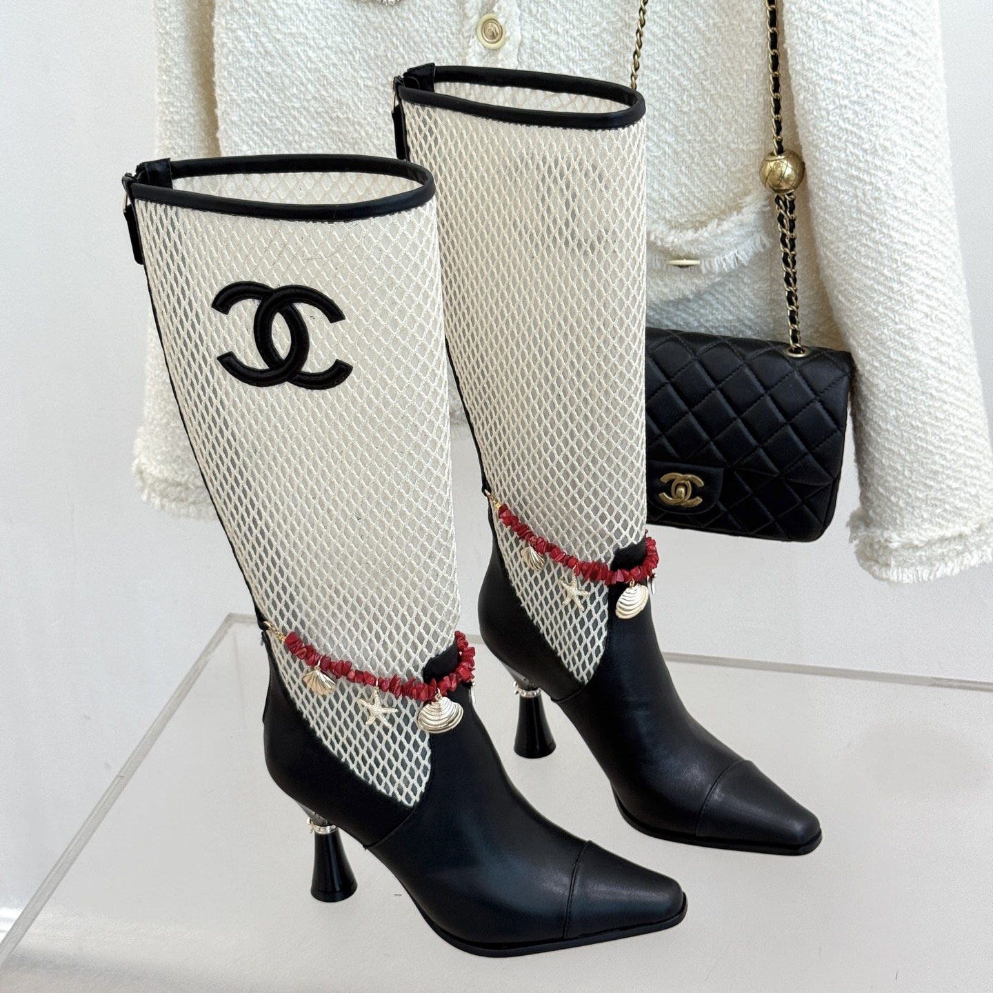 CHANEL Double C Openwork Chain High Heel Boots, Lambskin with Side Zipper and Italian Leather Sole
