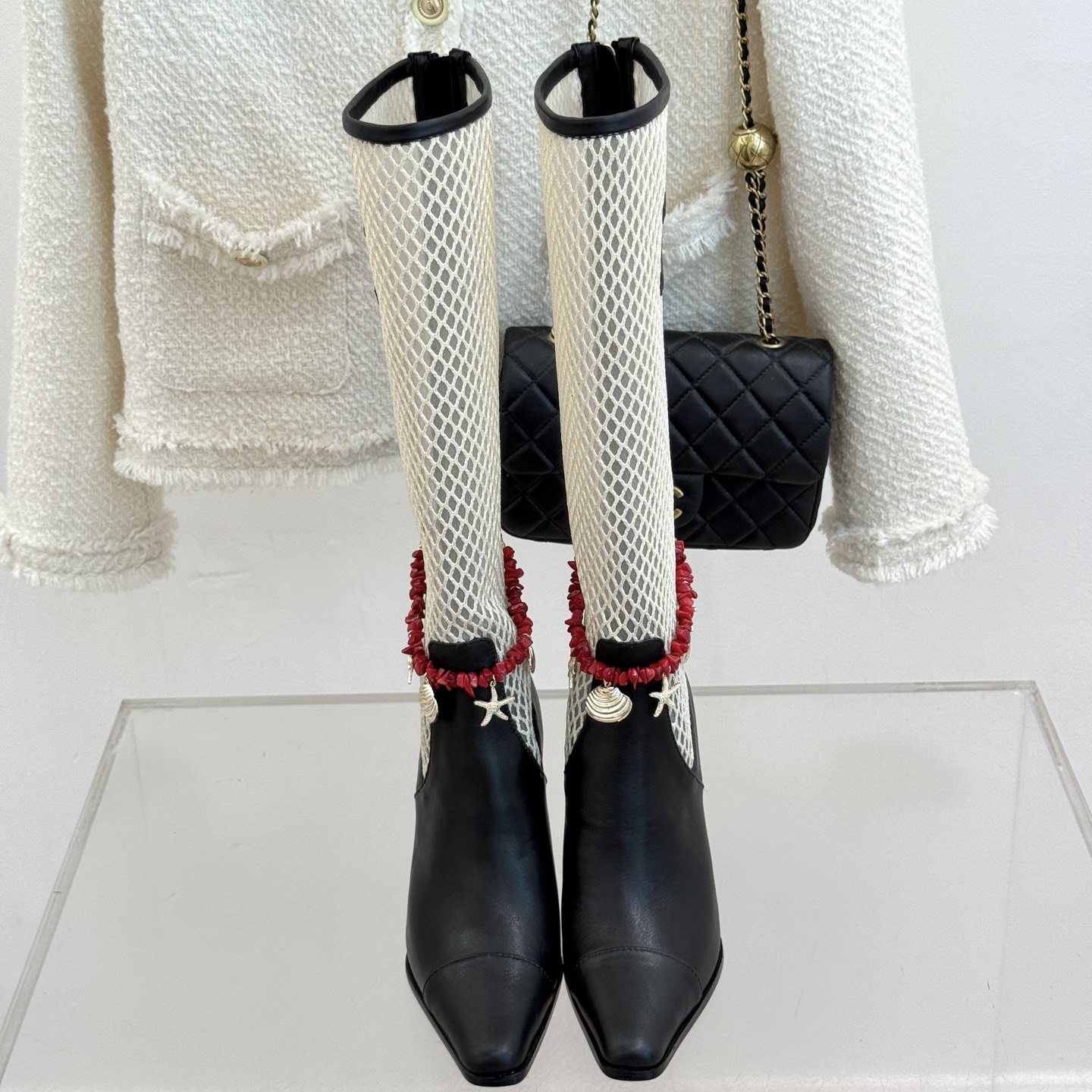 CHANEL Double C Openwork Chain High Heel Boots, Lambskin with Side Zipper and Italian Leather Sole