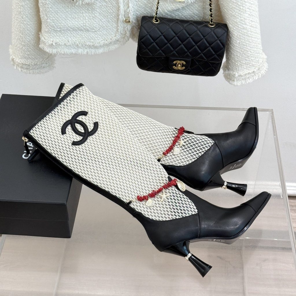 CHANEL Double C Openwork Chain High Heel Boots, Lambskin with Side Zipper and Italian Leather Sole