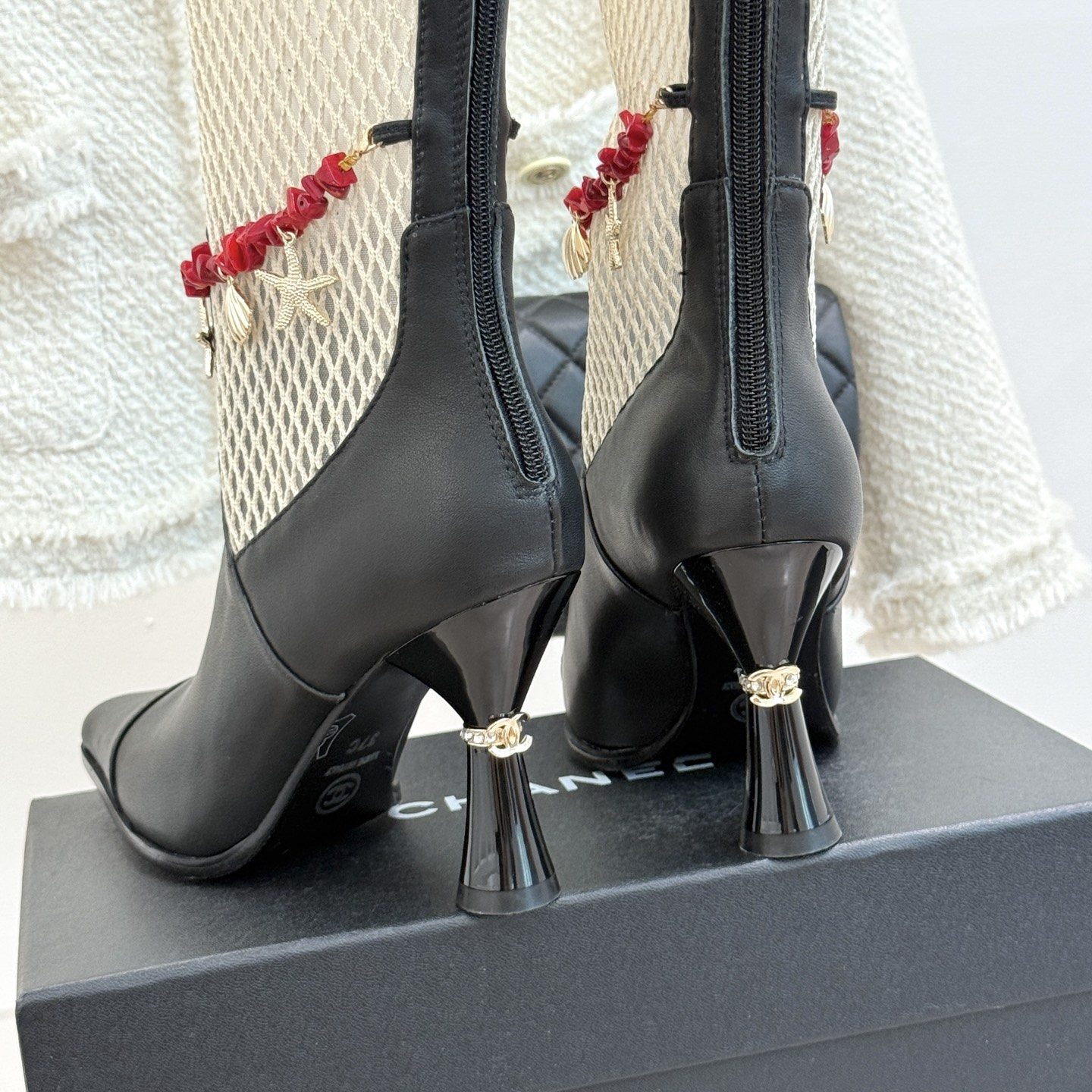 CHANEL Double C Openwork Chain High Heel Boots, Lambskin with Side Zipper and Italian Leather Sole