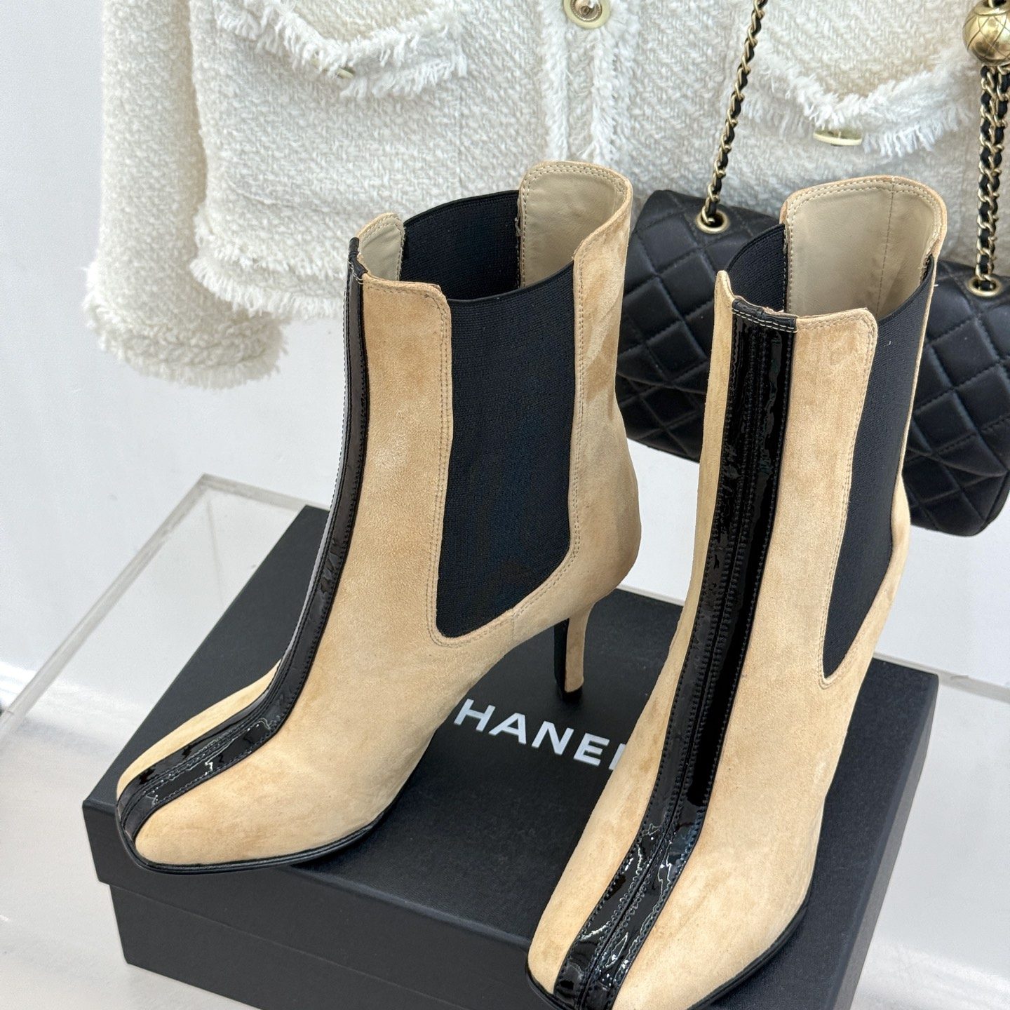 CHANEL Croc-embossed Square Toe Chelsea Ankle Boots in Genuine Lambskin Calfskin Lining Italian Leat