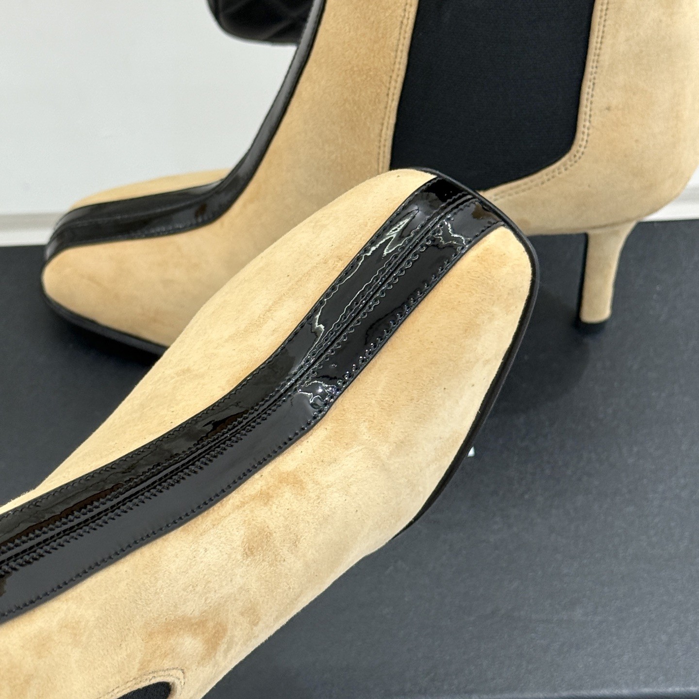CHANEL Croc-embossed Square Toe Chelsea Ankle Boots in Genuine Lambskin Calfskin Lining Italian Leat