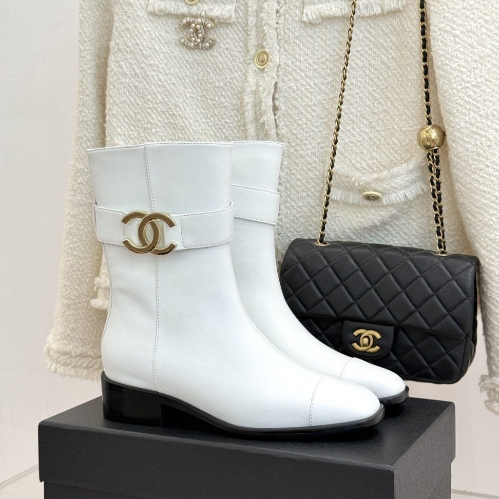 CHANEL Double C Metal Buckle Strap Riding Short Boots in Cowhide Lambskin Lining and Italian Leather
