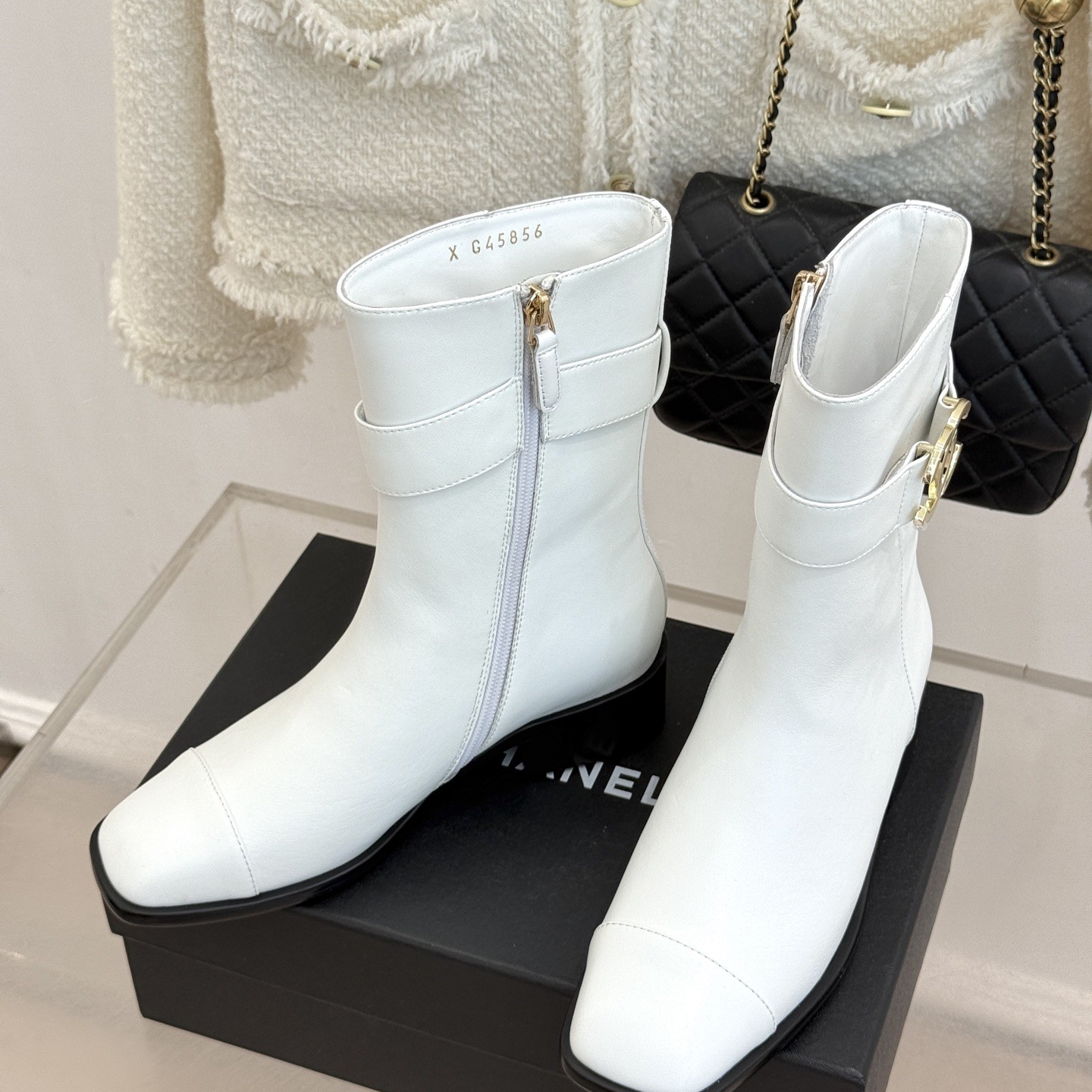 CHANEL Double C Metal Buckle Strap Riding Short Boots in Cowhide Lambskin Lining and Italian Leather