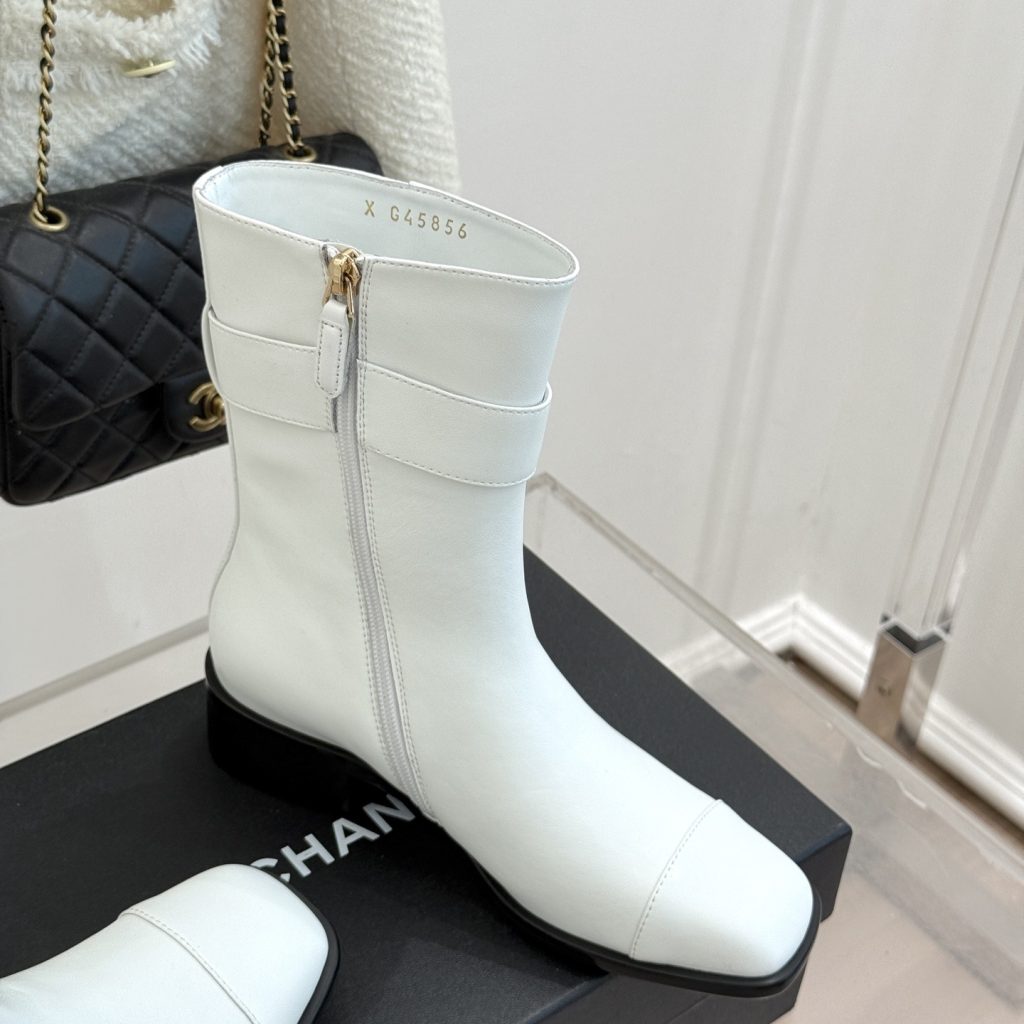 CHANEL Double C Metal Buckle Strap Riding Short Boots in Cowhide Lambskin Lining and Italian Leather