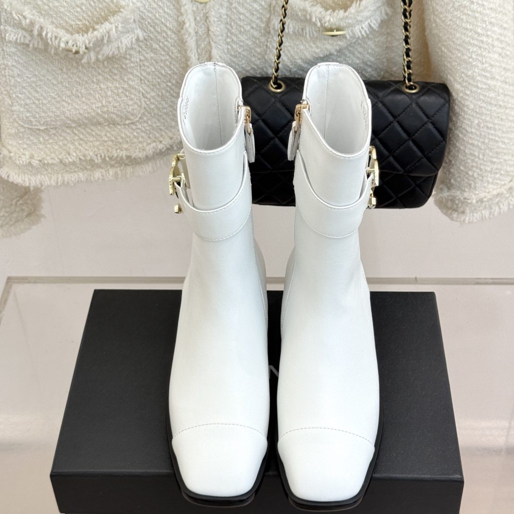 CHANEL Double C Metal Buckle Strap Riding Short Boots in Cowhide Lambskin Lining and Italian Leather