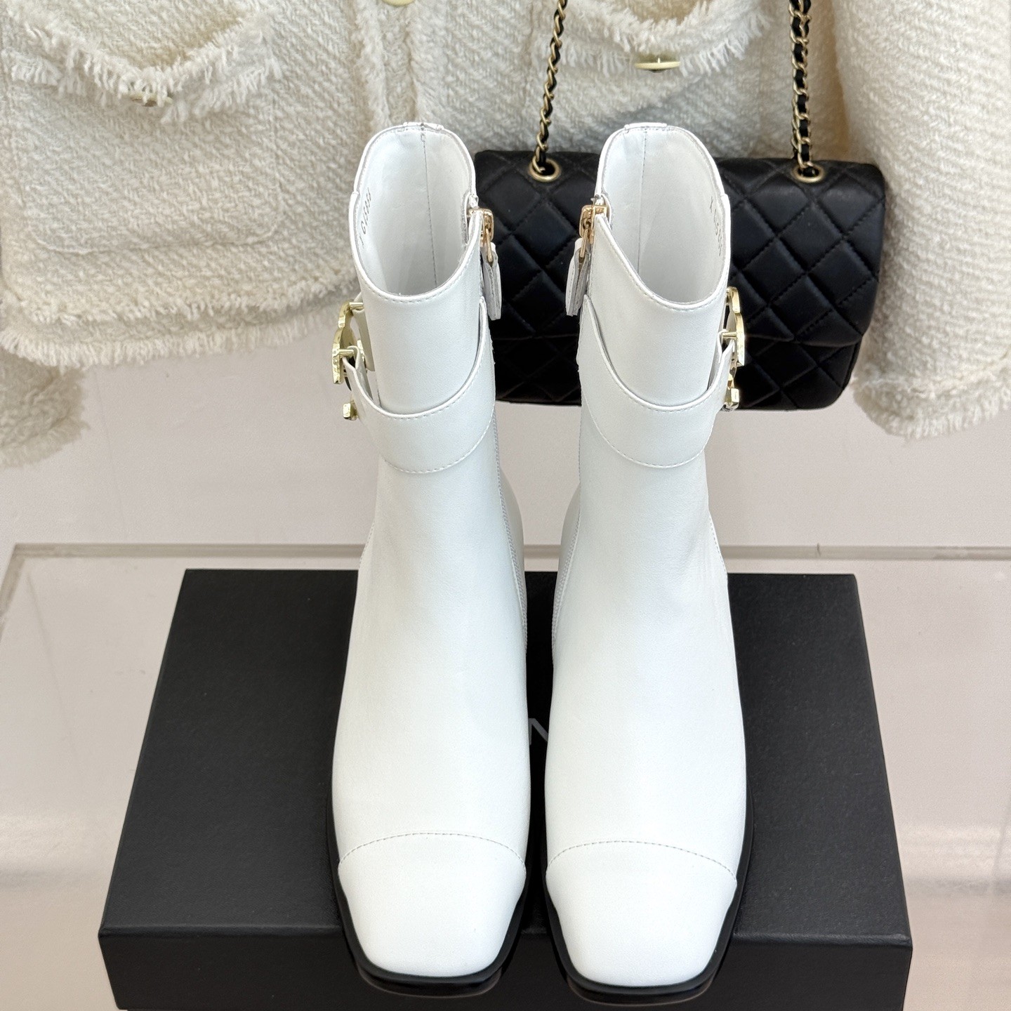 CHANEL Double C Metal Buckle Strap Riding Short Boots in Cowhide Lambskin Lining and Italian Leather