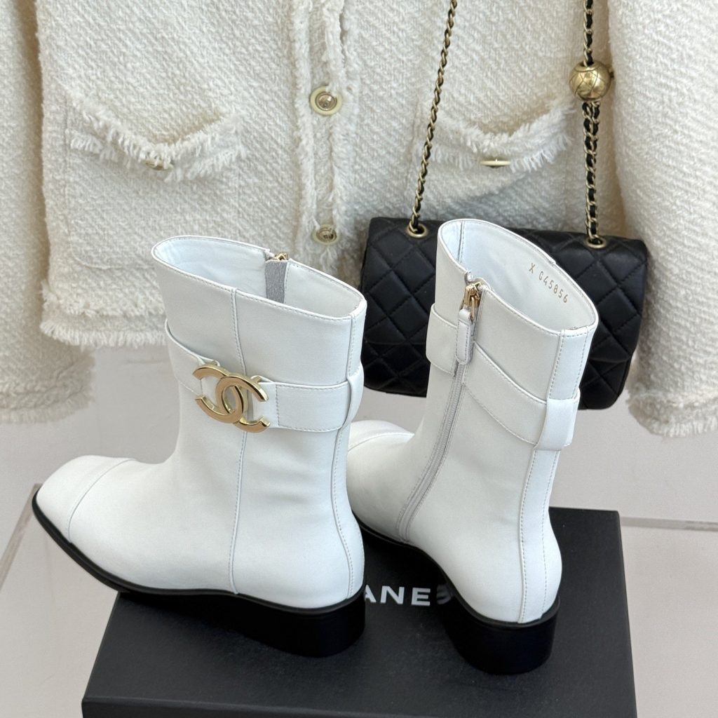 CHANEL Double C Metal Buckle Strap Riding Short Boots in Cowhide Lambskin Lining and Italian Leather