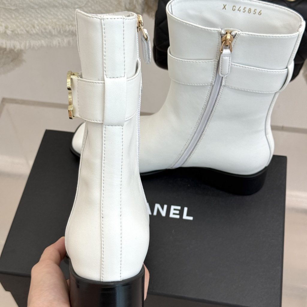 CHANEL Double C Metal Buckle Strap Riding Short Boots in Cowhide Lambskin Lining and Italian Leather