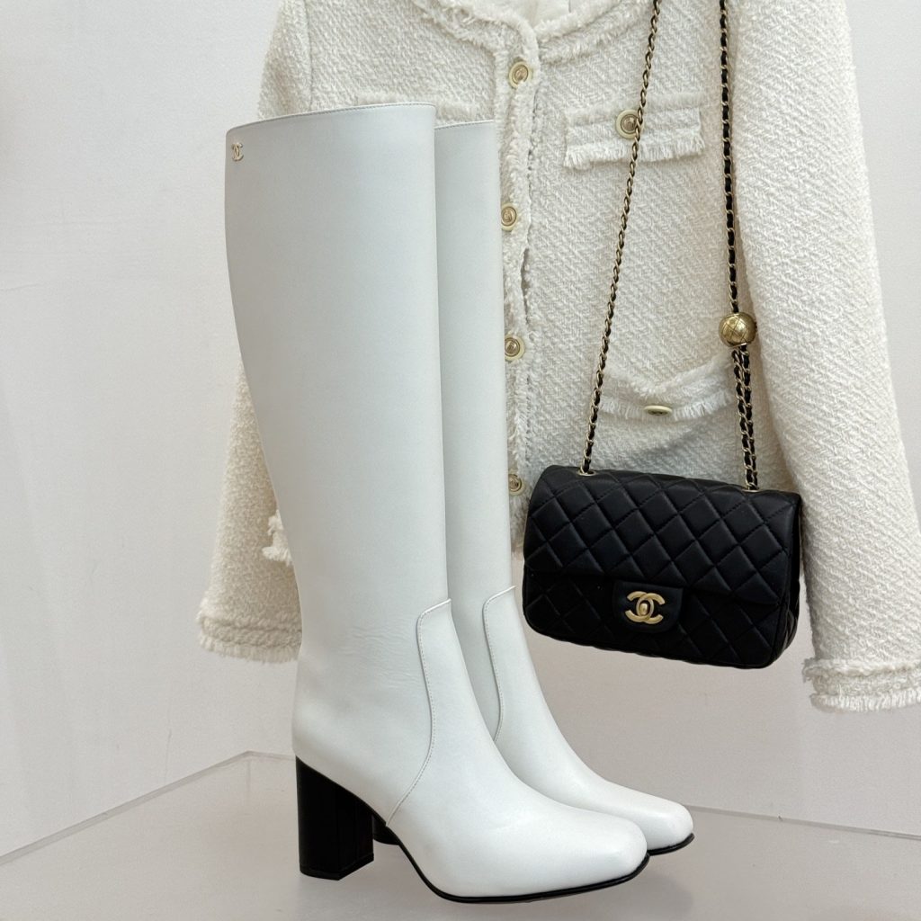CHANEL Square Toe Block Heel Long Boots in Genuine Lambskin with Calfskin Lining Italian Leather Sol