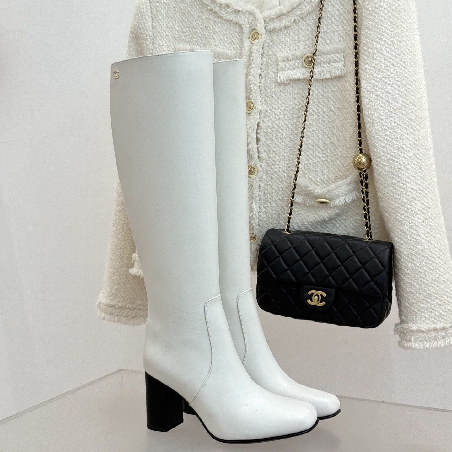 CHANEL Square Toe Block Heel Long Boots in Genuine Lambskin with Calfskin Lining Italian Leather Sol