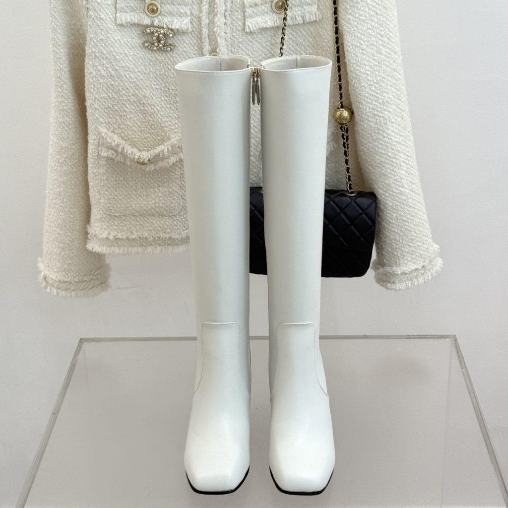 CHANEL Square Toe Block Heel Long Boots in Genuine Lambskin with Calfskin Lining Italian Leather Sol