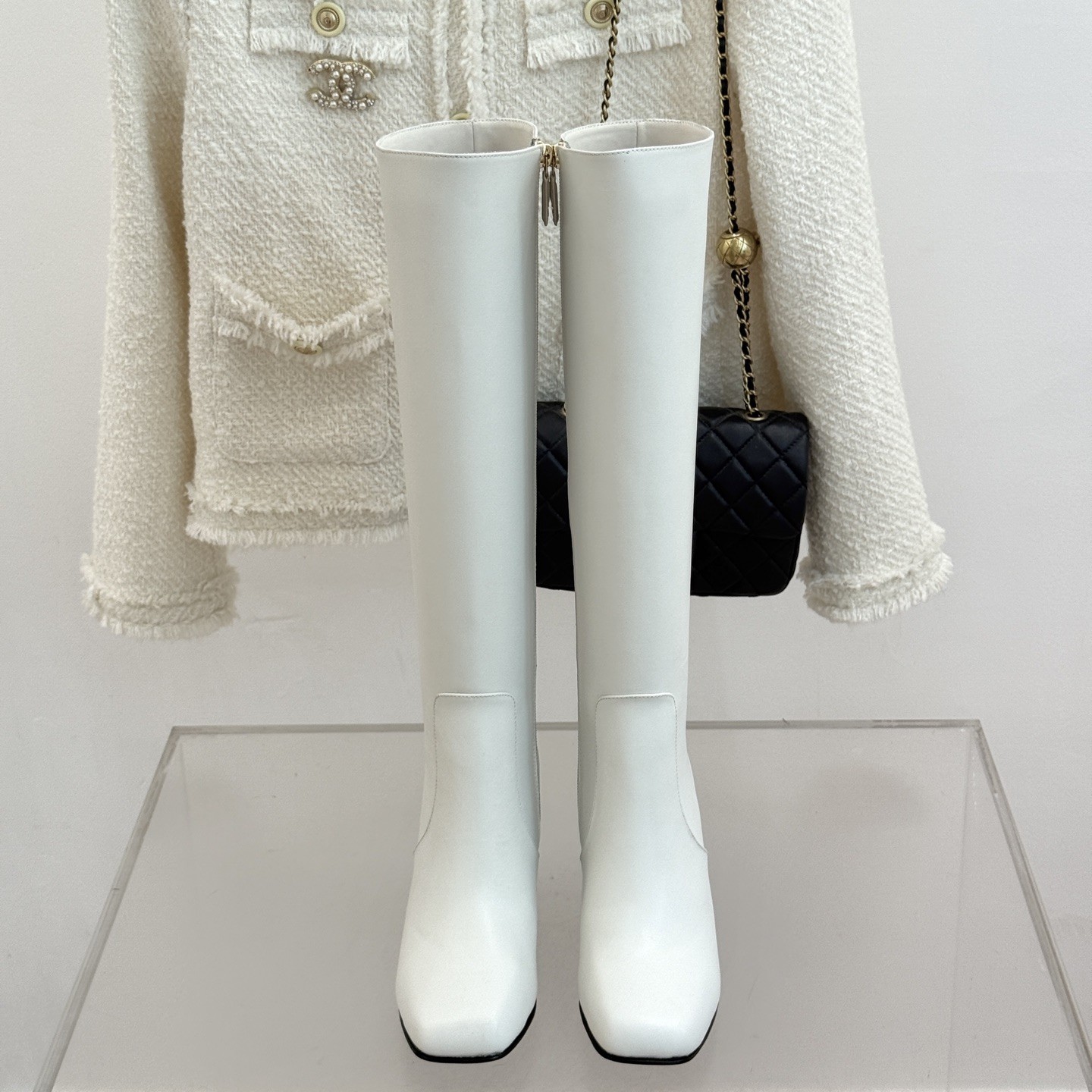CHANEL Square Toe Block Heel Long Boots in Genuine Lambskin with Calfskin Lining Italian Leather Sol