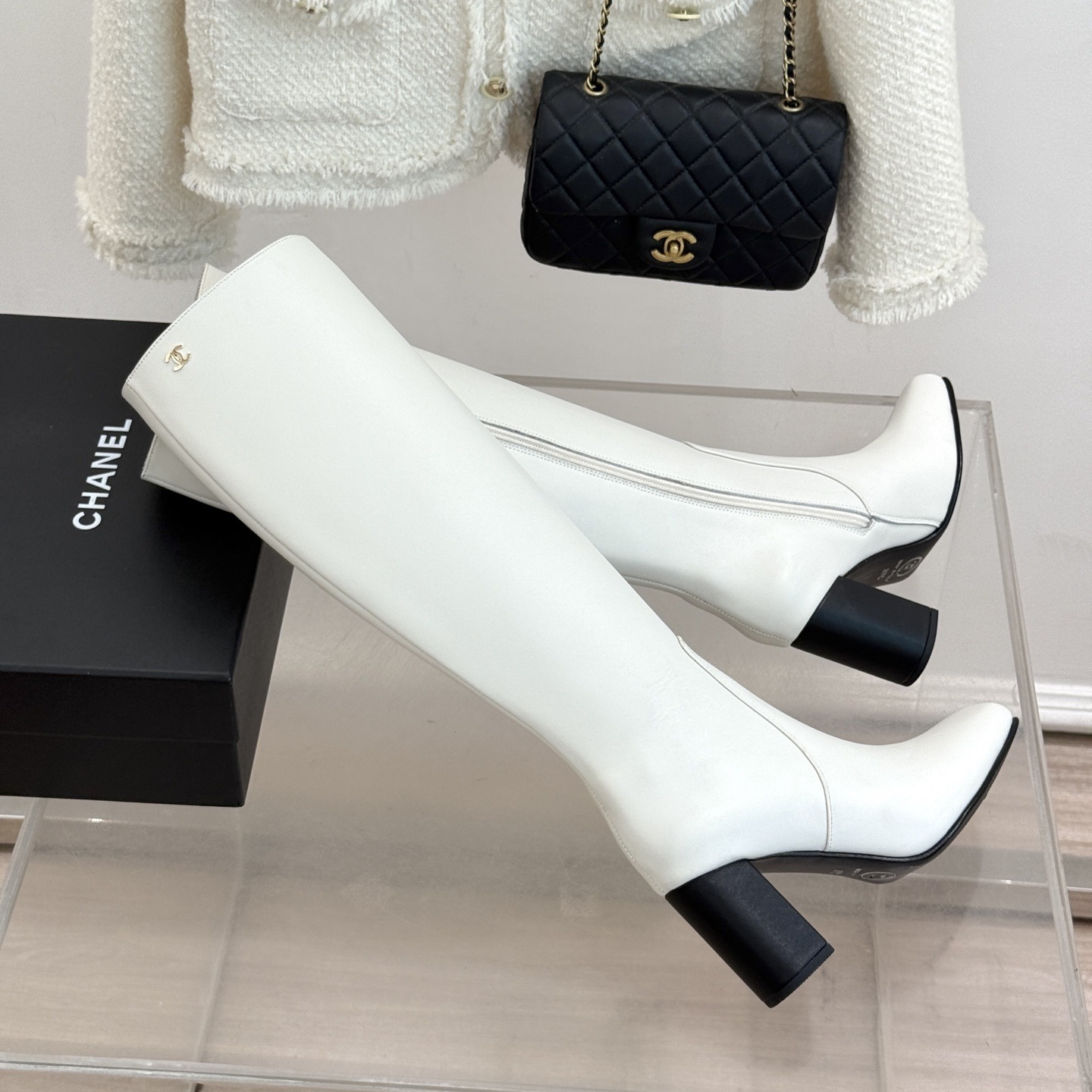CHANEL Square Toe Block Heel Long Boots in Genuine Lambskin with Calfskin Lining Italian Leather Sol
