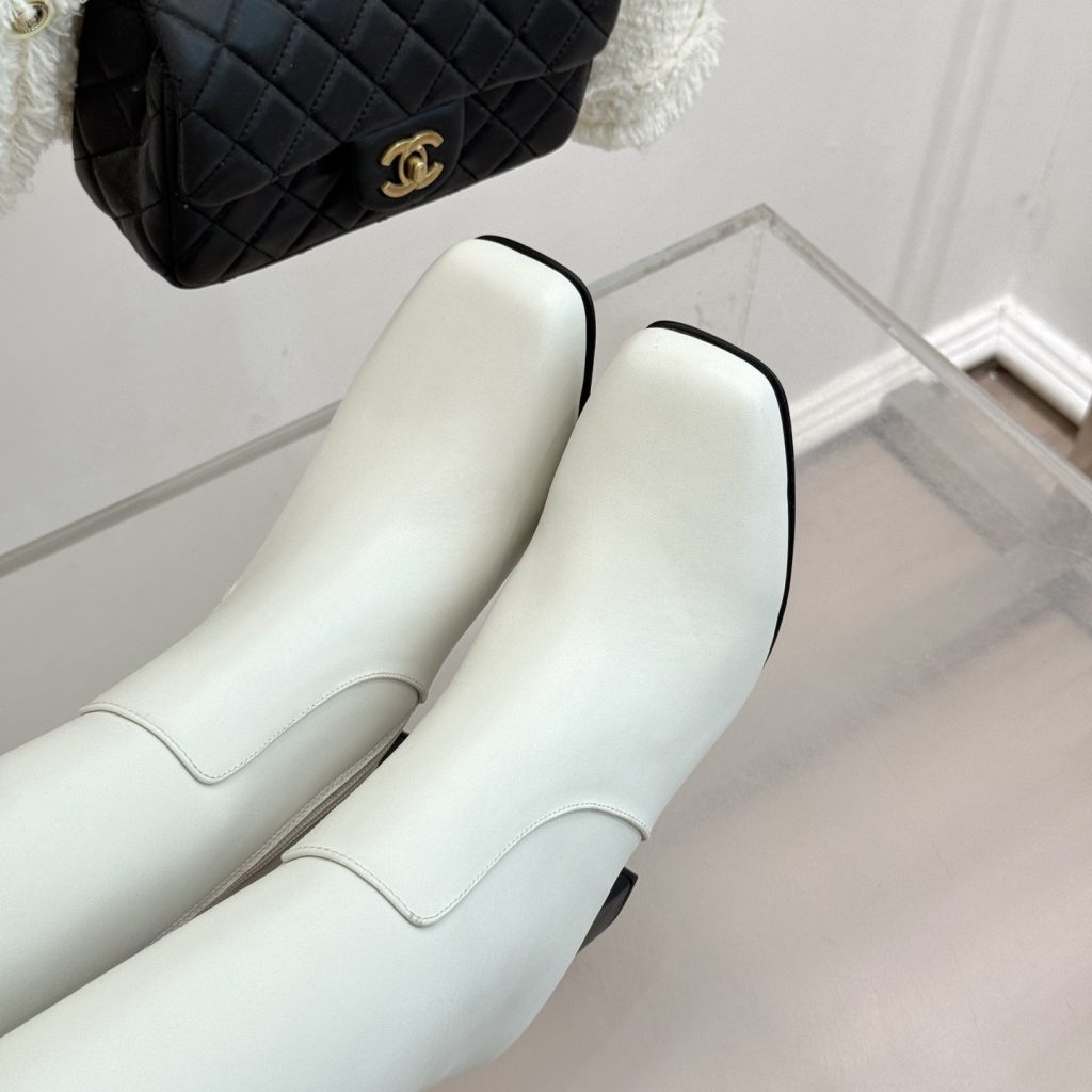 CHANEL Square Toe Block Heel Long Boots in Genuine Lambskin with Calfskin Lining Italian Leather Sol