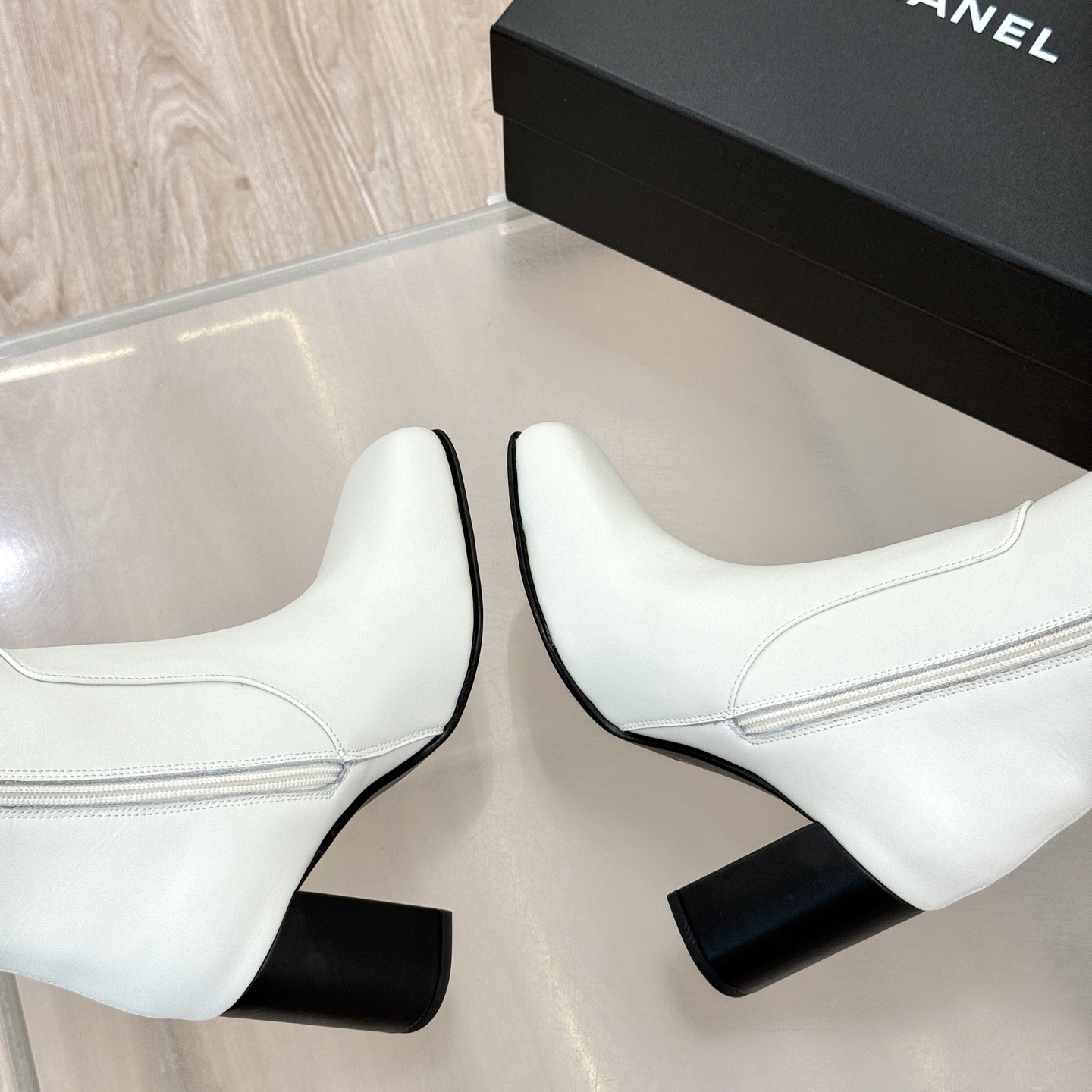 CHANEL Square Toe Block Heel Long Boots in Genuine Lambskin with Calfskin Lining Italian Leather Sol