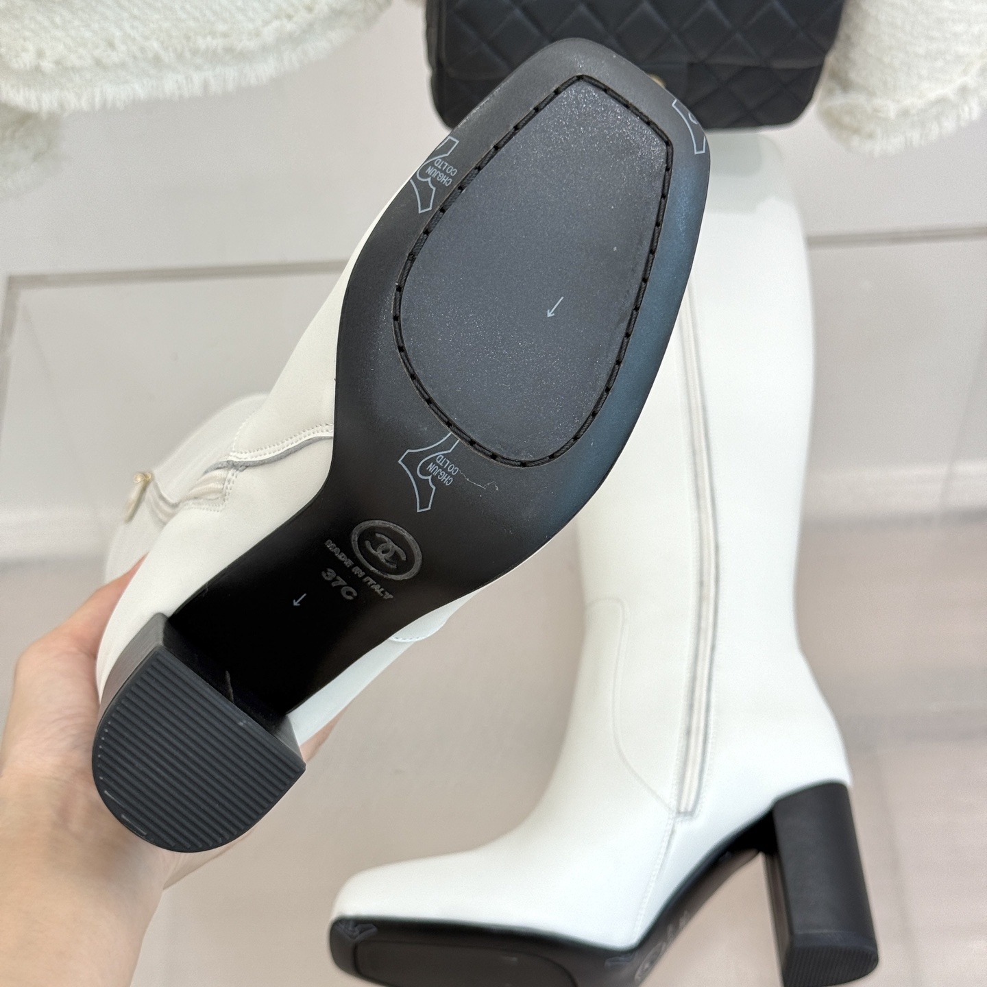 CHANEL Square Toe Block Heel Long Boots in Genuine Lambskin with Calfskin Lining Italian Leather Sol