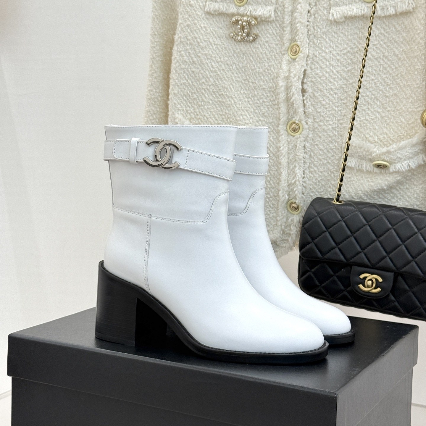 CHANEL Double C Metal Buckle Strap Cowhide Riding Short Boots Lambskin Lining and Italian Leather So