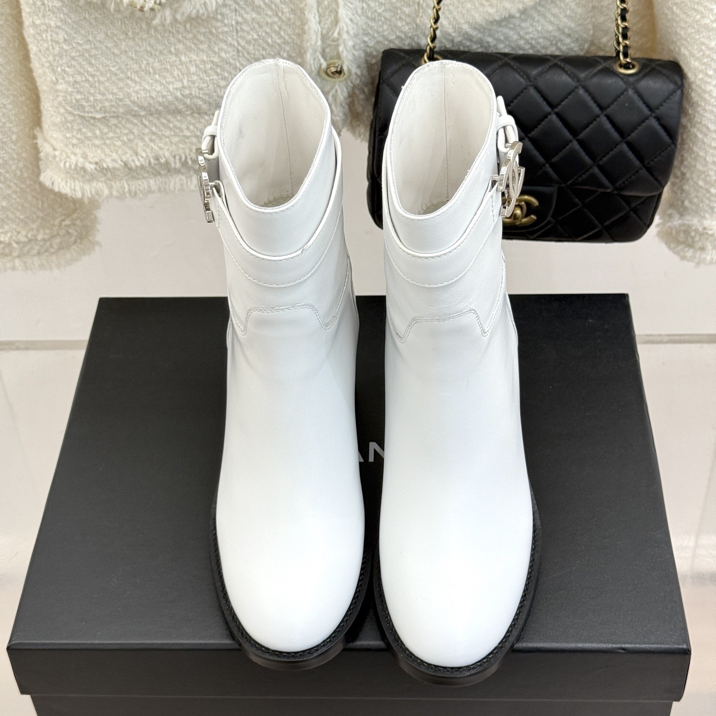 CHANEL Double C Metal Buckle Strap Cowhide Riding Short Boots Lambskin Lining and Italian Leather So