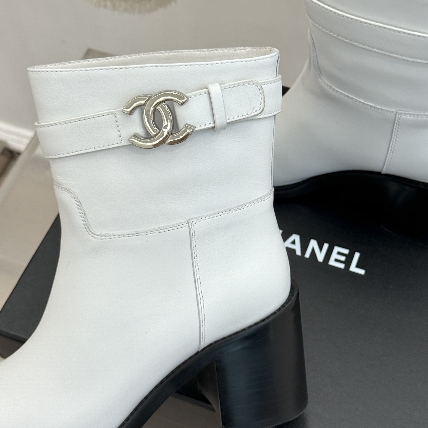 CHANEL Double C Metal Buckle Strap Cowhide Riding Short Boots Lambskin Lining and Italian Leather So