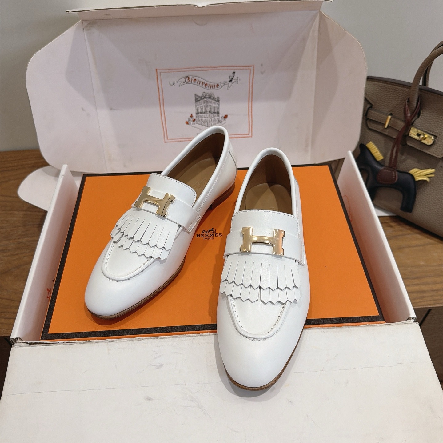 HERMES Paris Loafer Slip-Ons with Metal H Buckle in Genuine Leather with Lambskin Lining Italian Lea