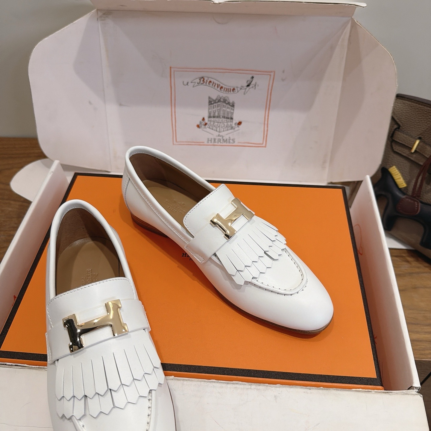 HERMES Paris Loafer Slip-Ons with Metal H Buckle in Genuine Leather with Lambskin Lining Italian Lea