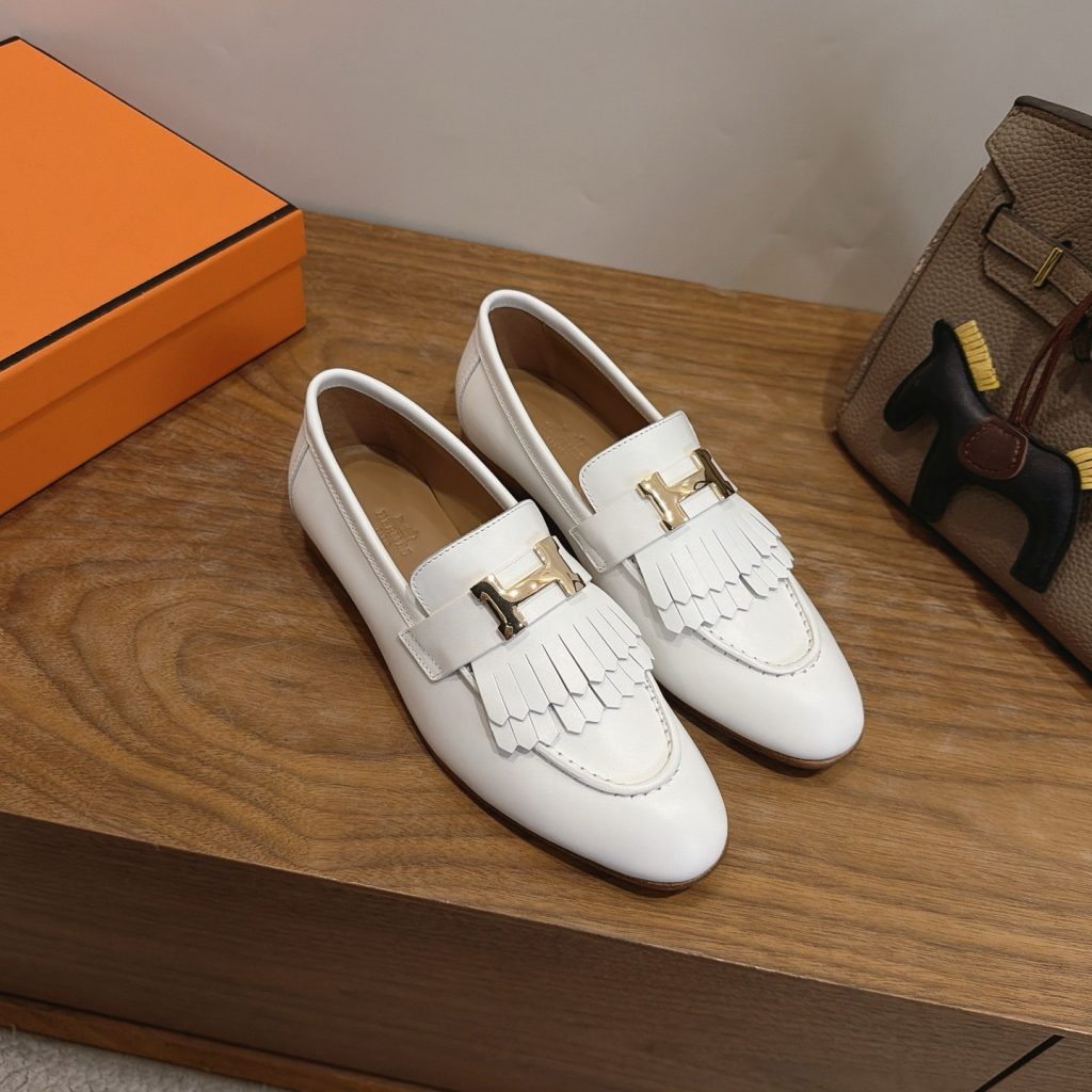 HERMES Paris Loafer Slip-Ons with Metal H Buckle in Genuine Leather with Lambskin Lining Italian Lea
