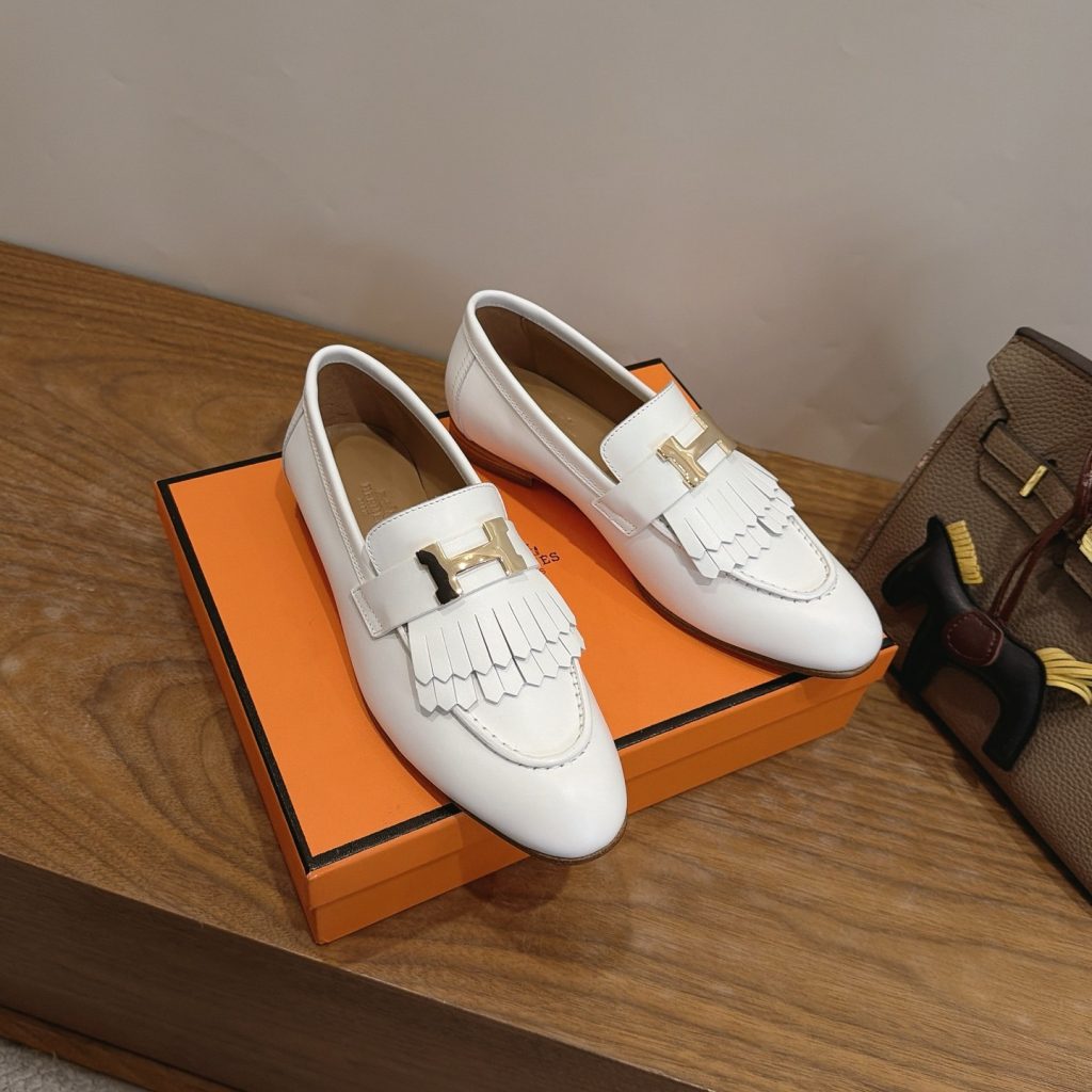 HERMES Paris Loafer Slip-Ons with Metal H Buckle in Genuine Leather with Lambskin Lining Italian Lea