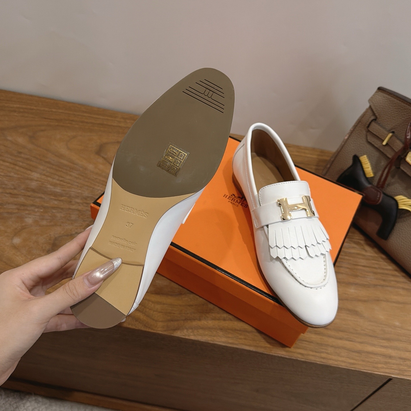 HERMES Paris Loafer Slip-Ons with Metal H Buckle in Genuine Leather with Lambskin Lining Italian Lea